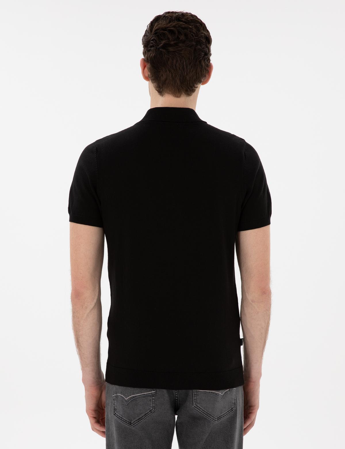 Siyah Slim Fit Düğmeli Polo Yaka Triko Tişört - 50307320029