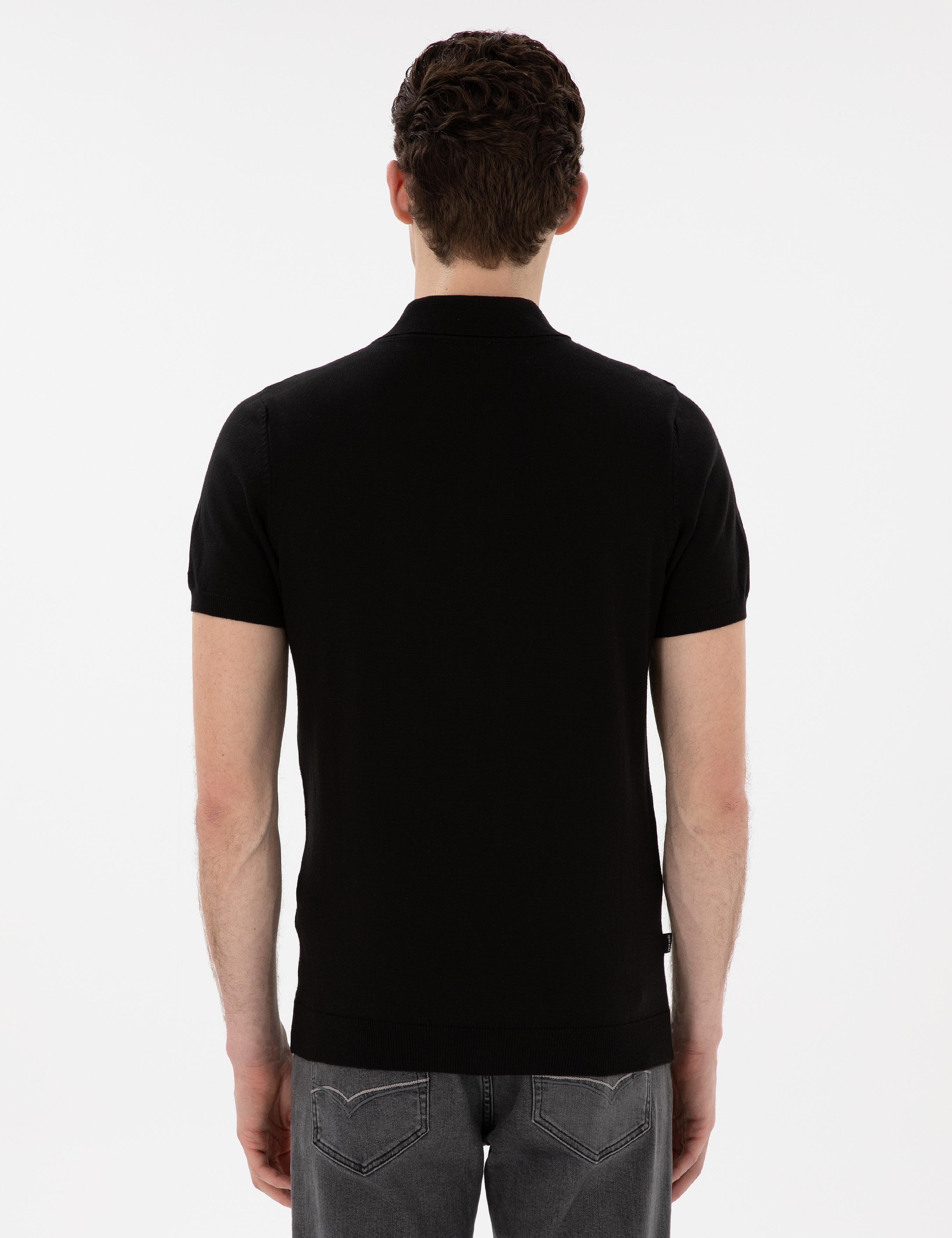 Siyah Slim Fit Düğmeli Polo Yaka Triko Tişört