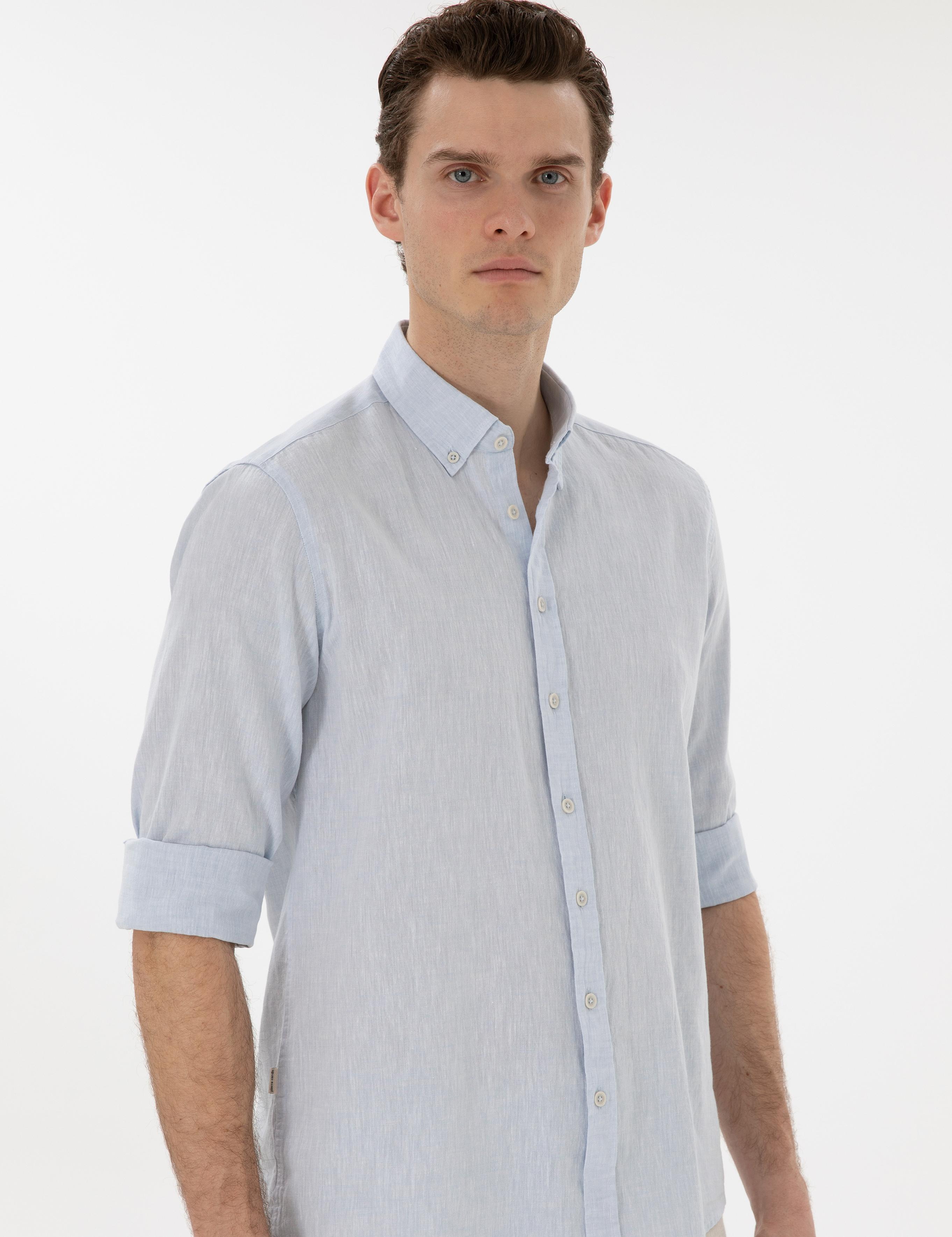 Açık Mavi Keten Karışımlı Regular Fit Uzun Kollu Gömlek