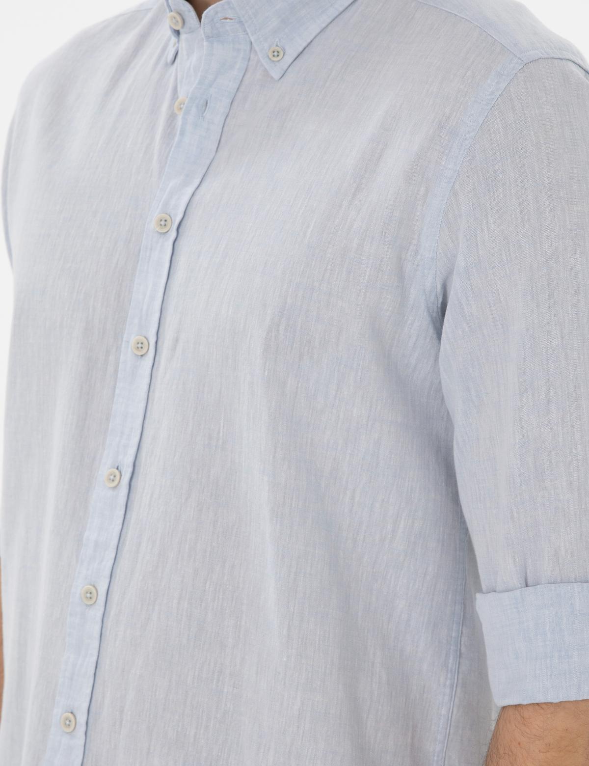 Açık Mavi Keten Karışımlı Regular Fit Uzun Kollu Gömlek - 50303245177