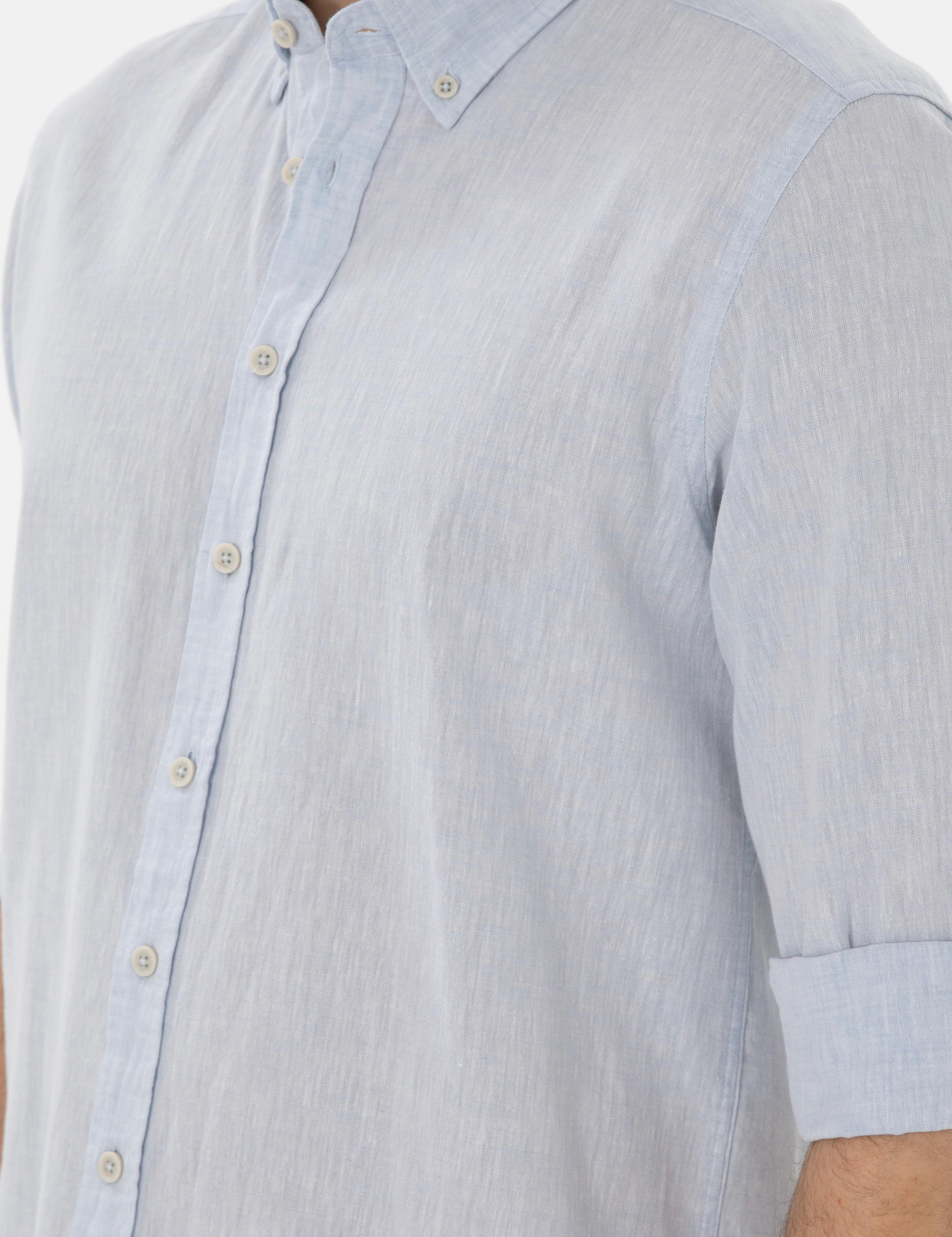 Açık Mavi Keten Karışımlı Regular Fit Uzun Kollu Gömlek