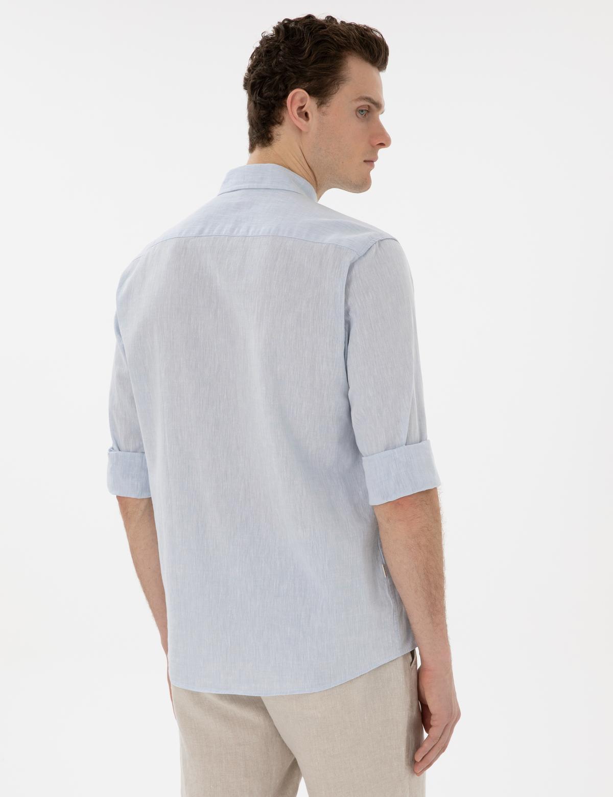 Açık Mavi Keten Karışımlı Regular Fit Uzun Kollu Gömlek - 50303245177