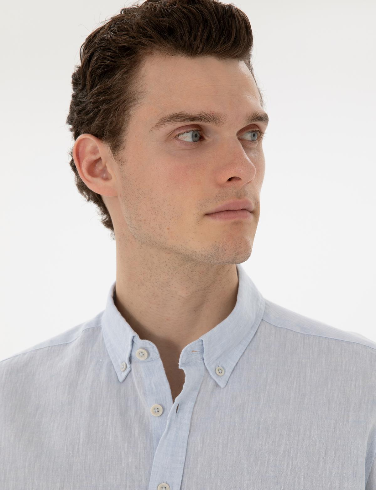 Açık Mavi Keten Karışımlı Regular Fit Uzun Kollu Gömlek - 50303245177