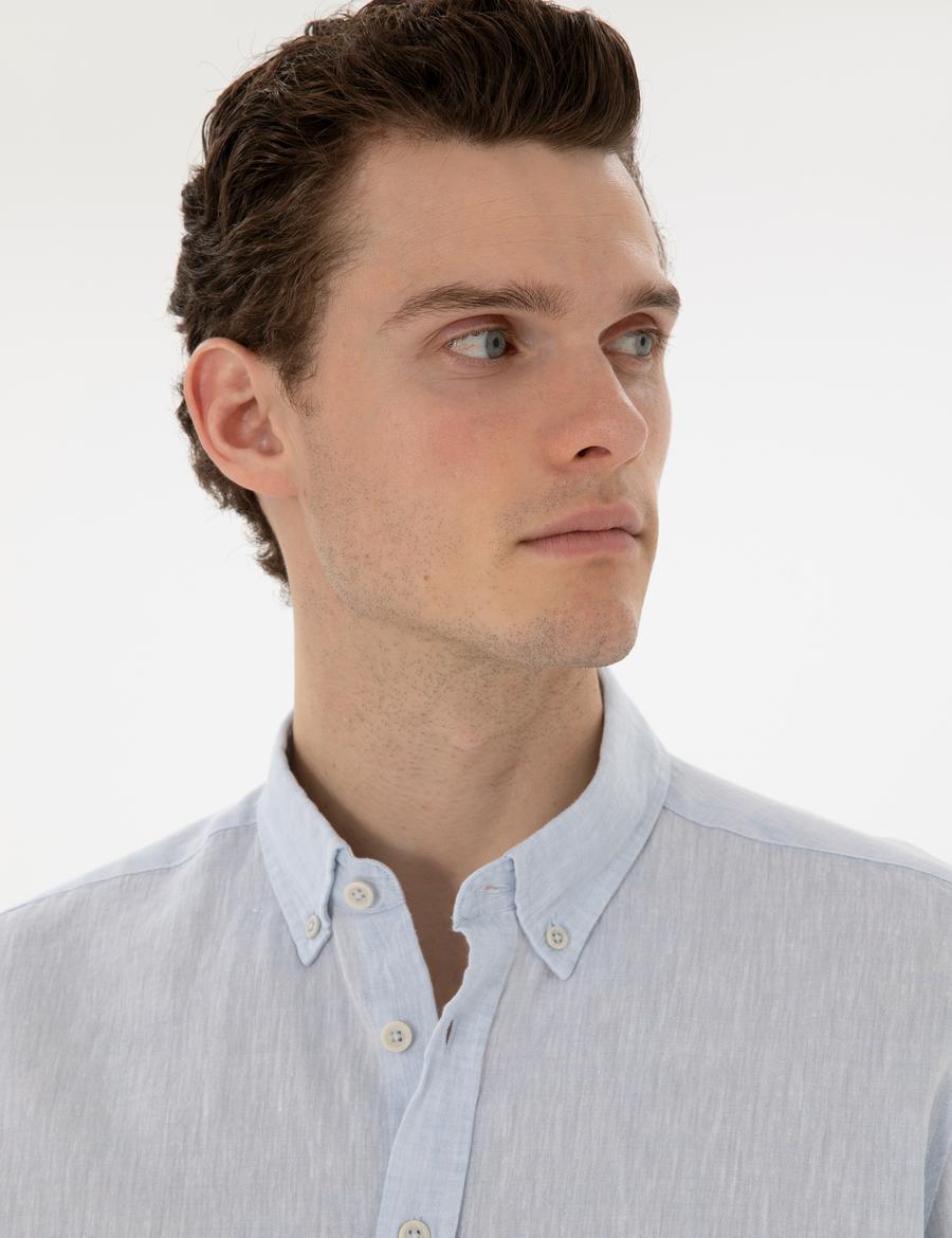 Açık Mavi Keten Karışımlı Regular Fit Uzun Kollu Gömlek