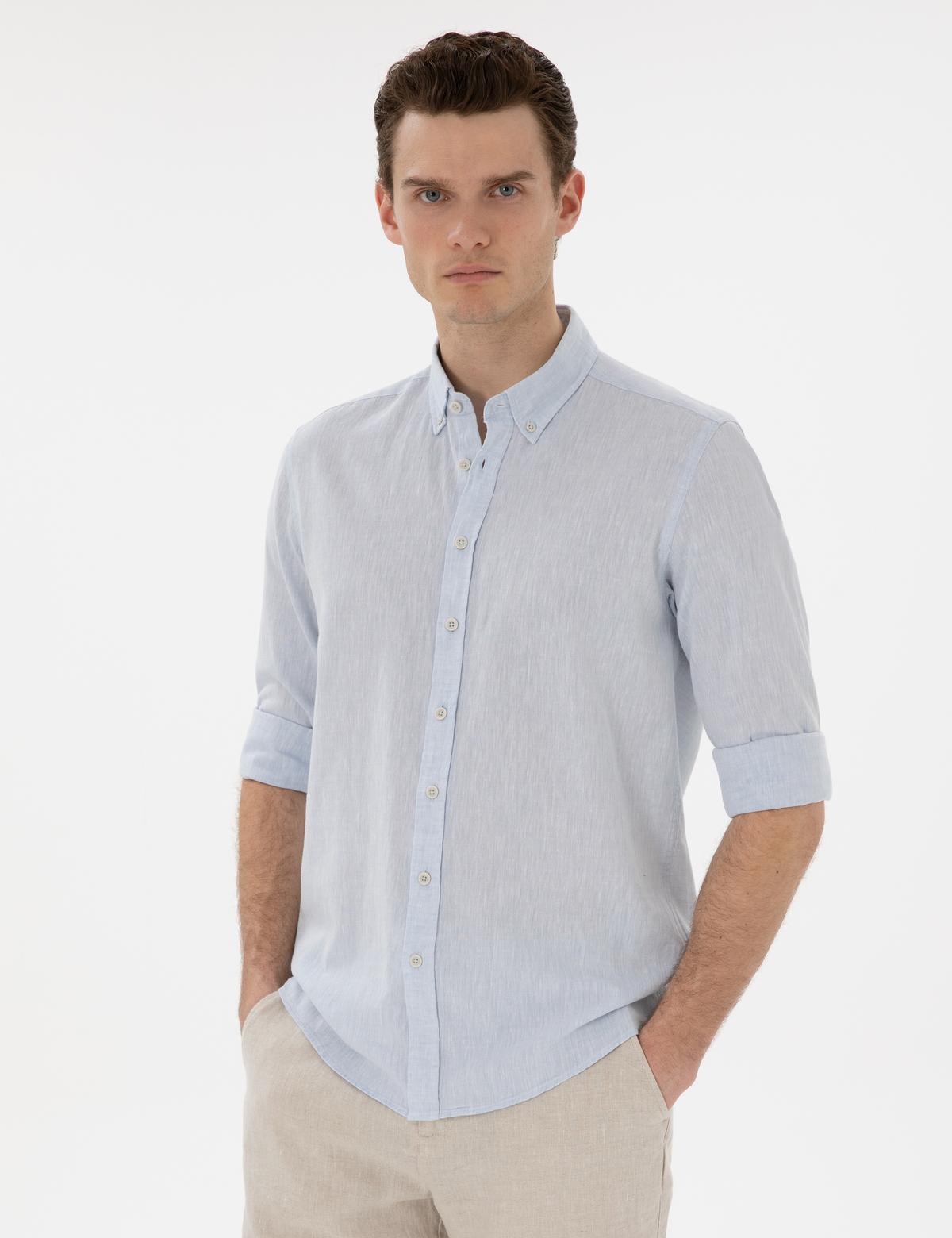 Açık Mavi Keten Karışımlı Regular Fit Uzun Kollu Gömlek