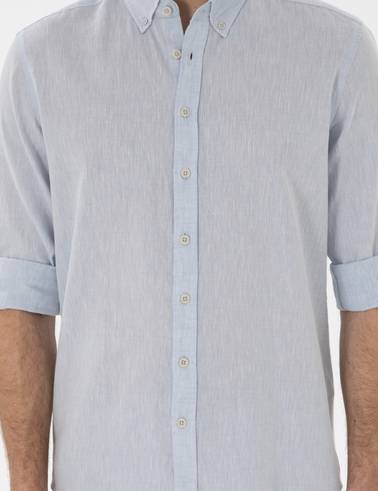 Açık Mavi Keten Karışımlı Regular Fit Uzun Kollu Gömlek