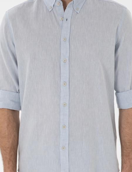 Açık Mavi Keten Karışımlı Regular Fit Uzun Kollu Gömlek - 50303245177