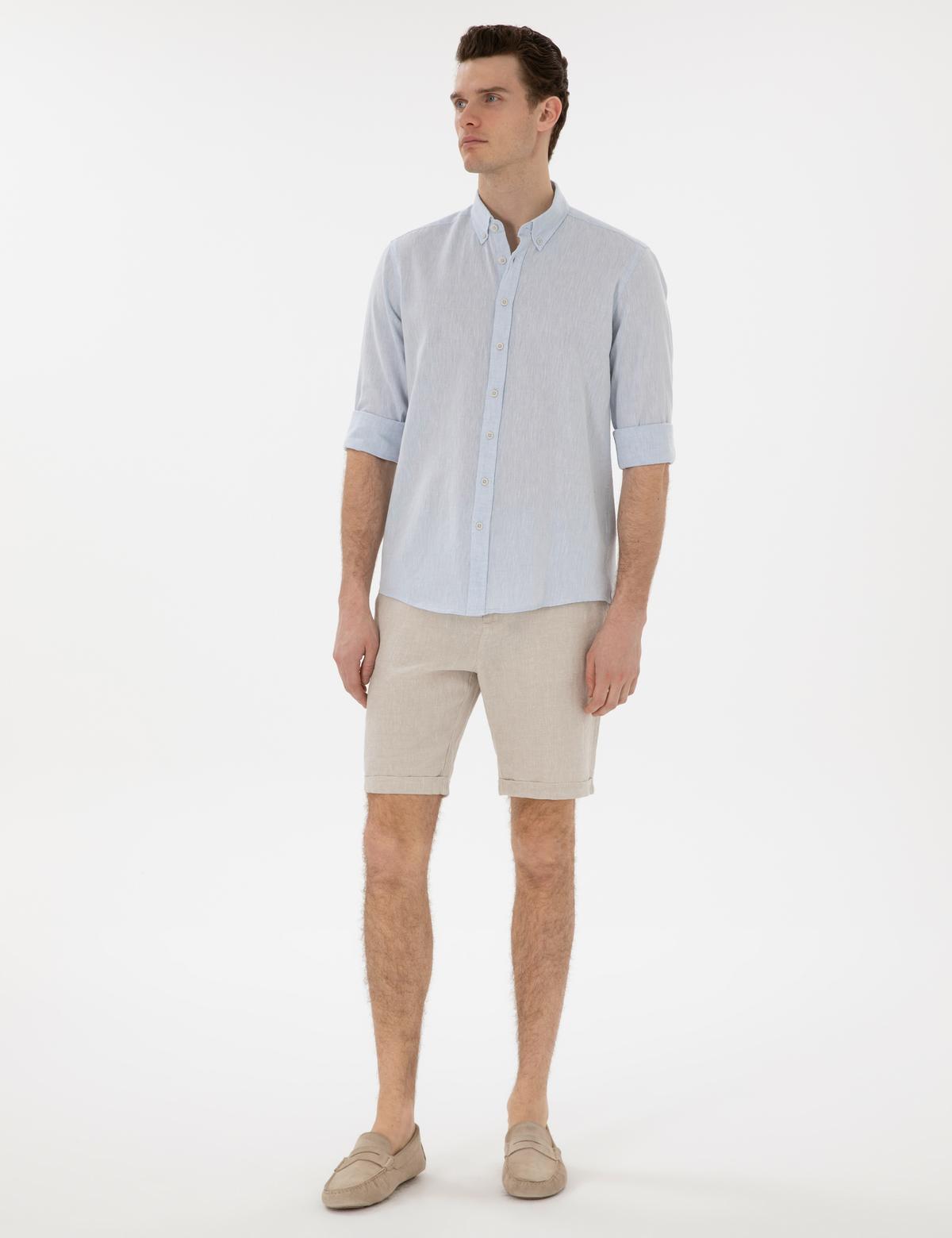 Açık Mavi Keten Karışımlı Regular Fit Uzun Kollu Gömlek - 50303245177