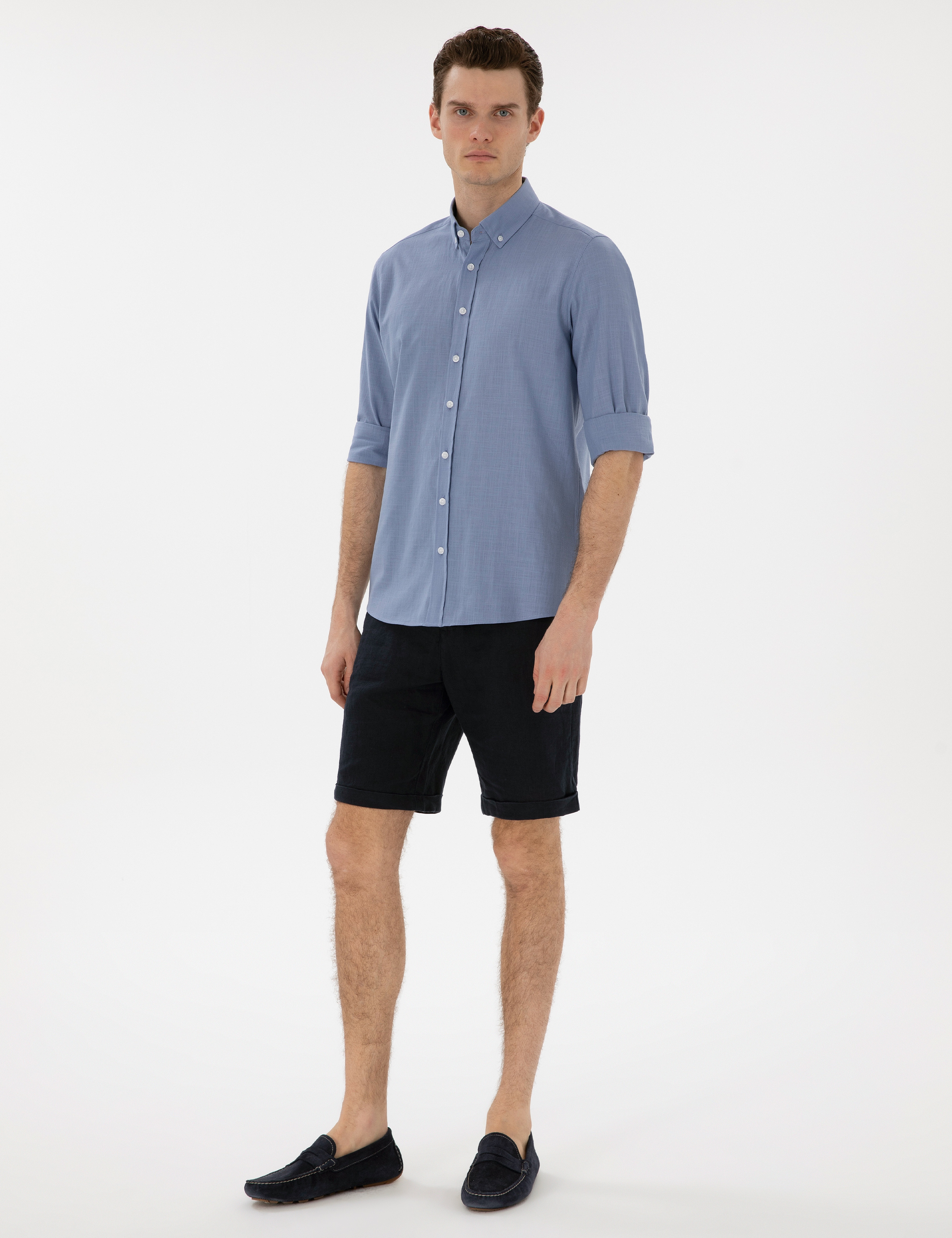 Mavi Keten Görünümlü Slim Fit Uzun Kollu Gömlek - Image 4