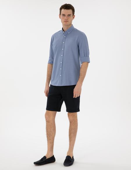 Mavi Keten Görünümlü Slim Fit Uzun Kollu Gömlek - 50302710088