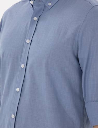 Mavi Keten Görünümlü Slim Fit Uzun Kollu Gömlek