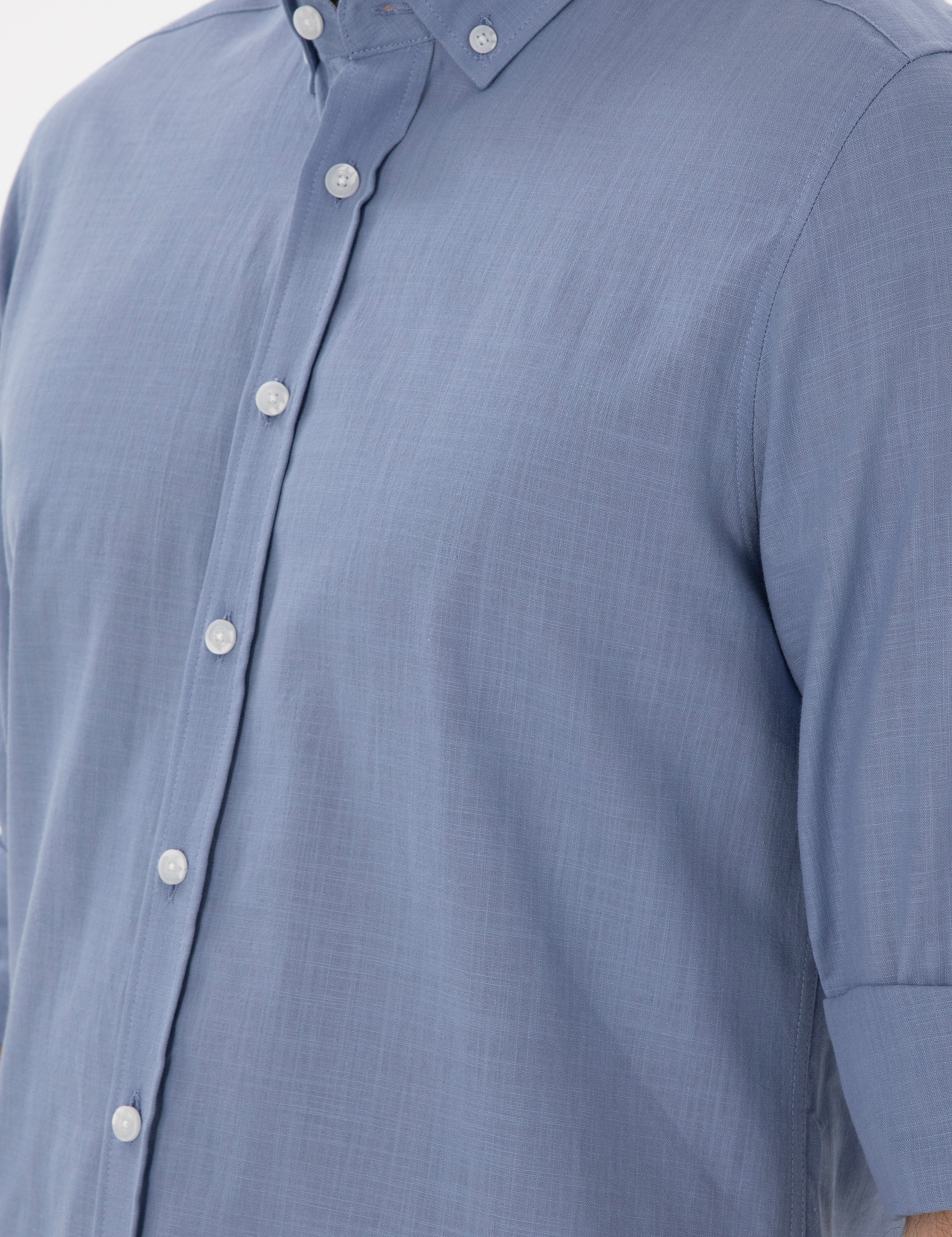 Mavi Keten Görünümlü Slim Fit Uzun Kollu Gömlek - Image 7