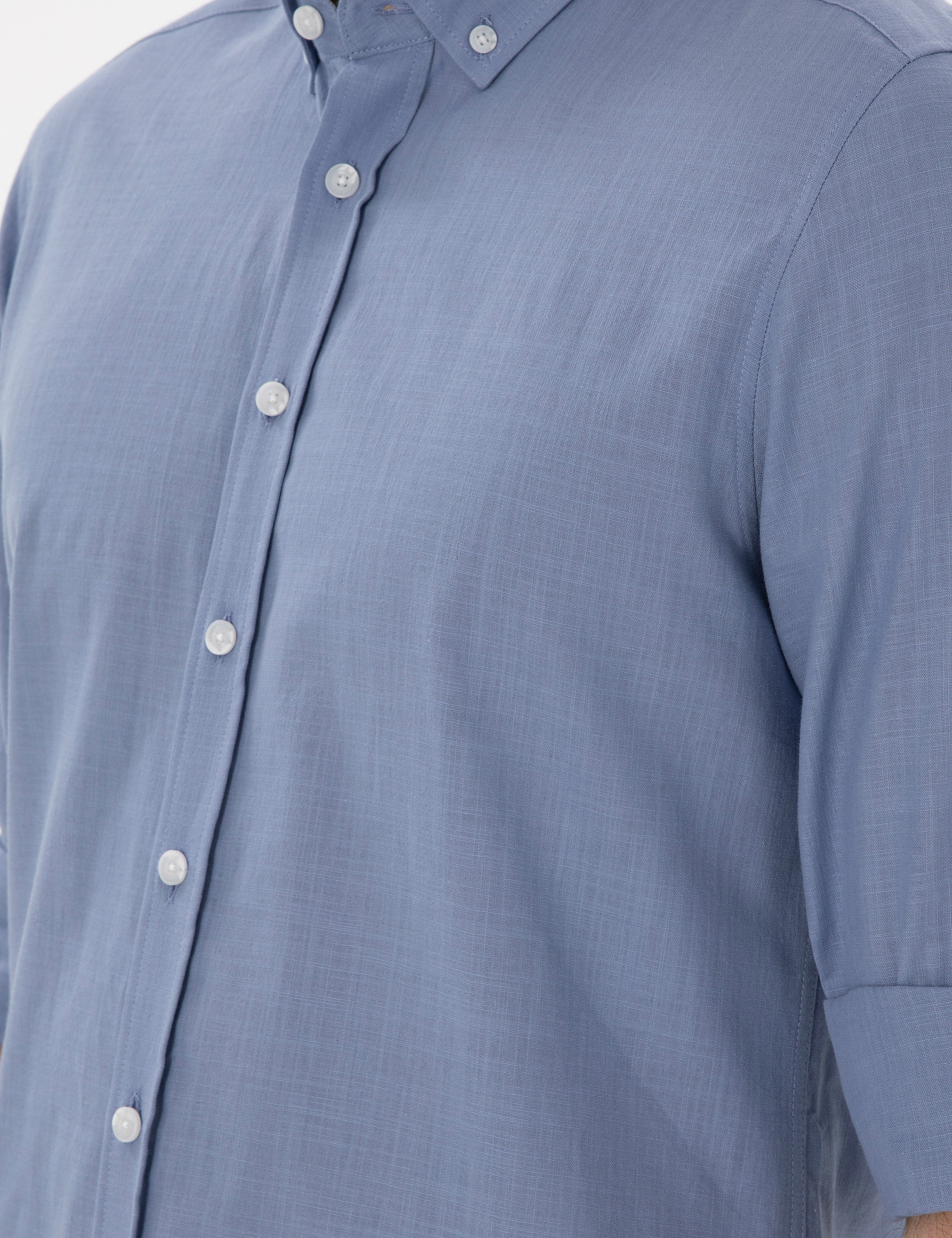 Mavi Keten Görünümlü Slim Fit Uzun Kollu Gömlek