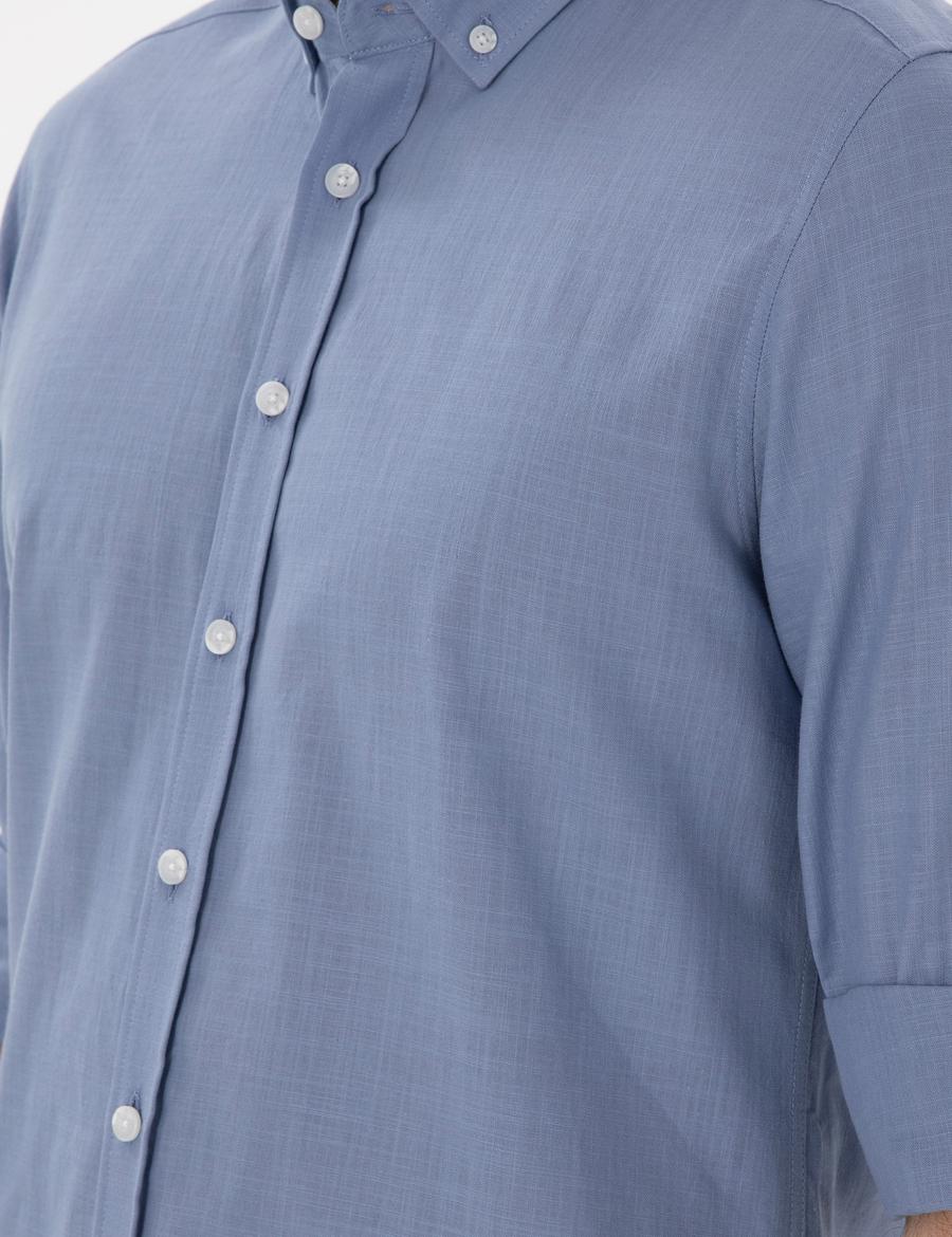 Mavi Keten Görünümlü Slim Fit Uzun Kollu Gömlek