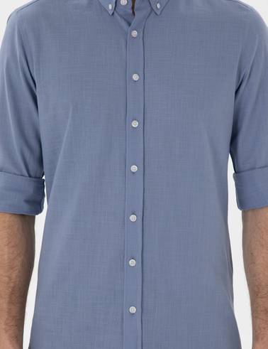 Mavi Keten Görünümlü Slim Fit Uzun Kollu Gömlek