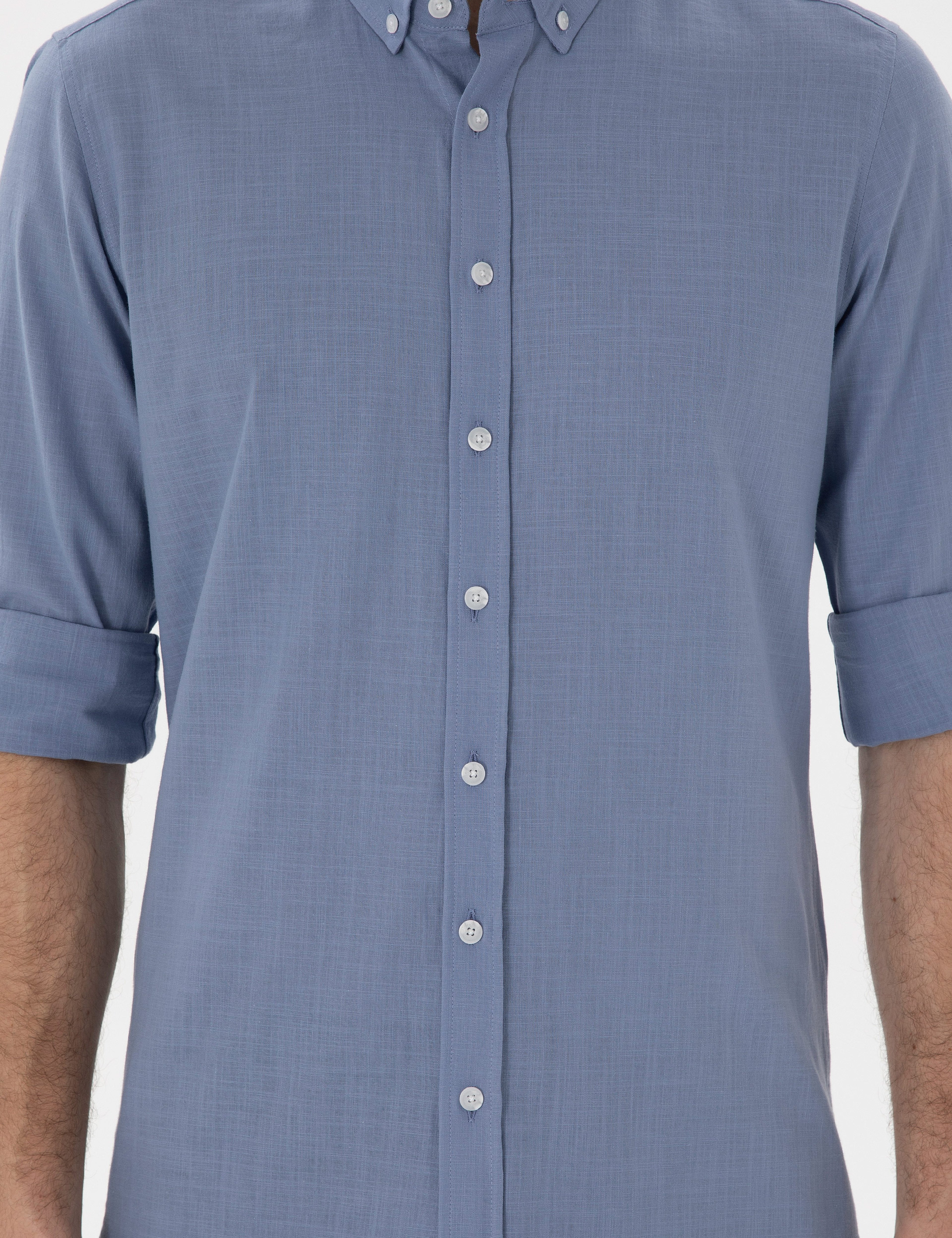Mavi Keten Görünümlü Slim Fit Uzun Kollu Gömlek - Image 6