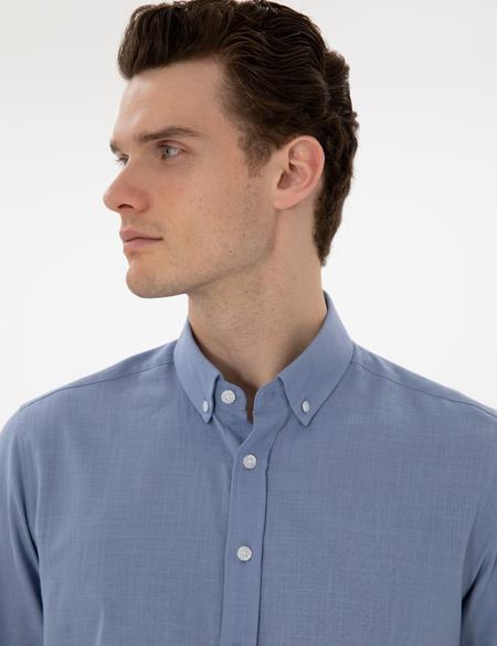 Mavi Keten Görünümlü Slim Fit Uzun Kollu Gömlek - 50302710088