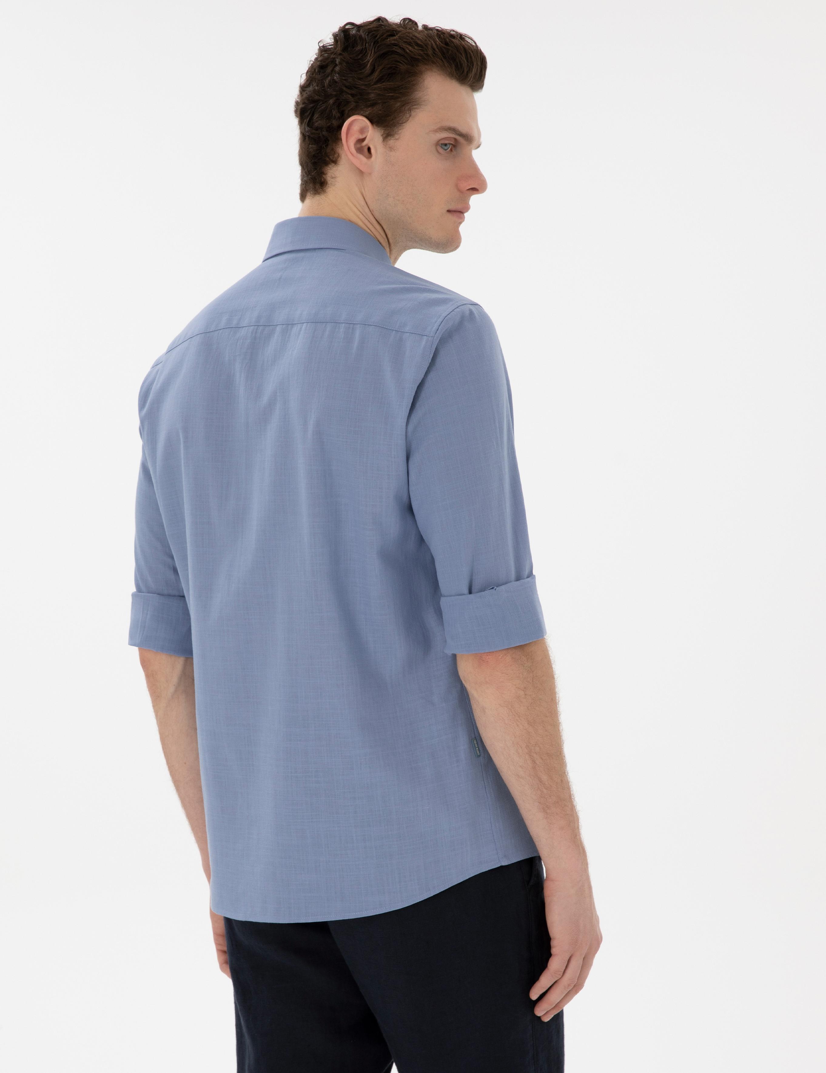 Mavi Keten Görünümlü Slim Fit Uzun Kollu Gömlek