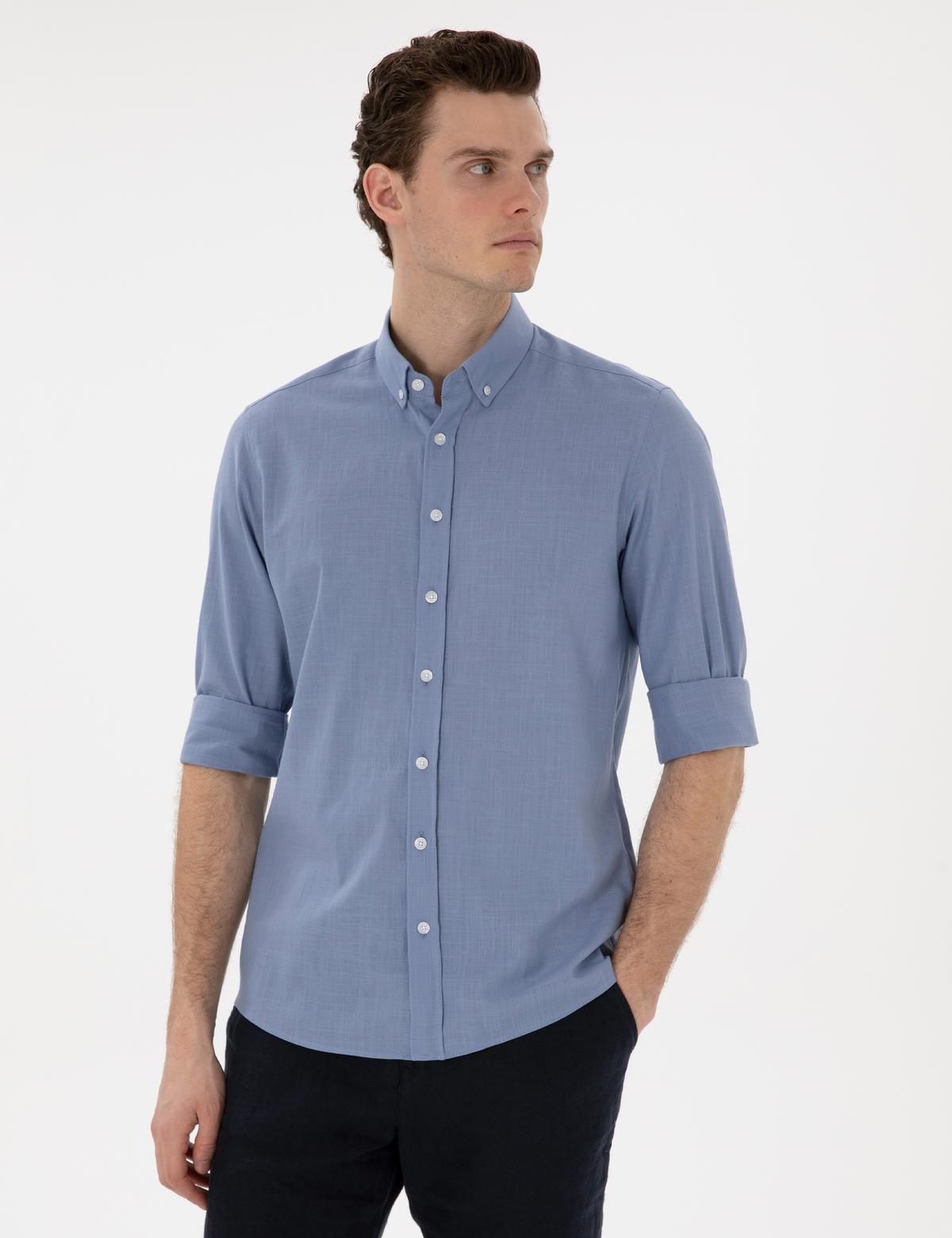 Mavi Keten Görünümlü Slim Fit Uzun Kollu Gömlek