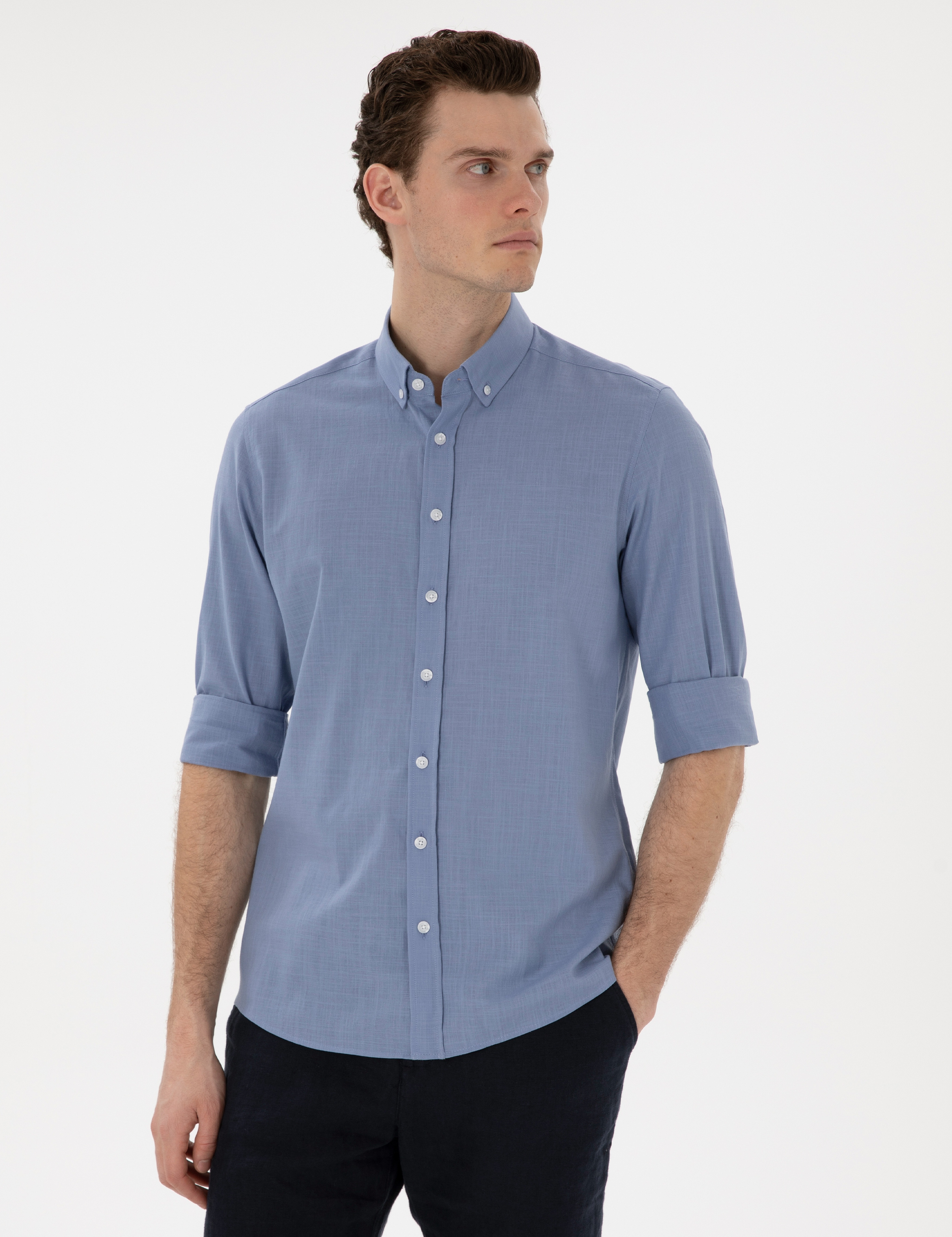 Mavi Keten Görünümlü Slim Fit Uzun Kollu Gömlek - Image 1