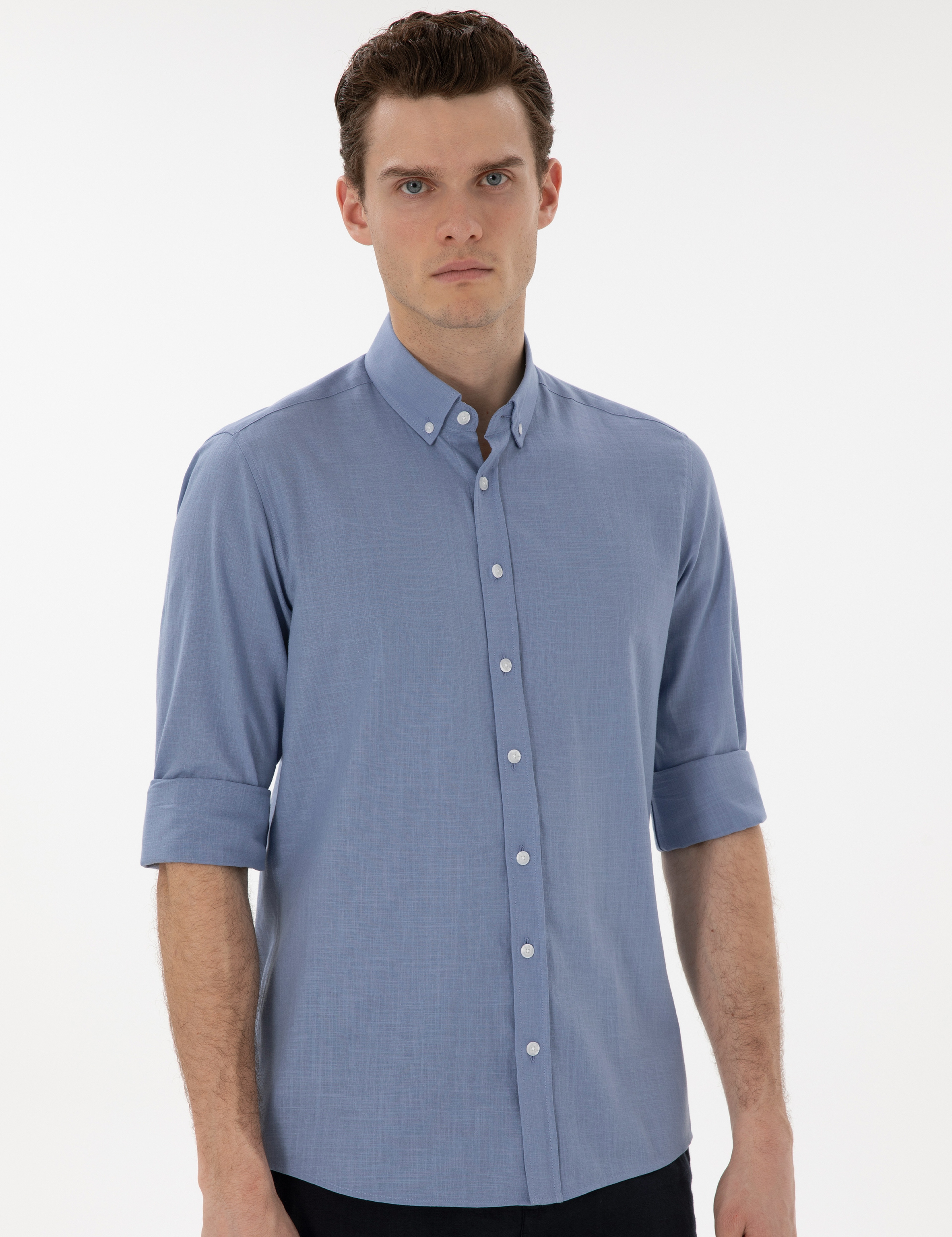 Mavi Keten Görünümlü Slim Fit Uzun Kollu Gömlek - Image 3