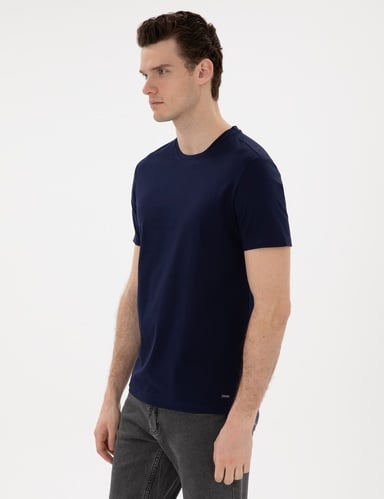 Lacivert Slim Fit %100 Pamuk Merserize Bisiklet Yaka Basic Tişört