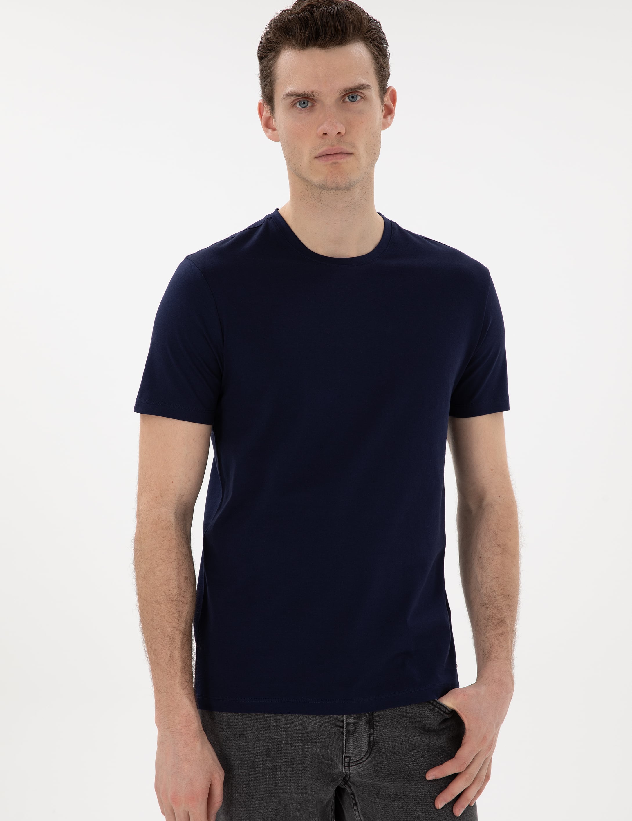 Lacivert Slim Fit %100 Pamuk Merserize Basic Tişört - Image 3