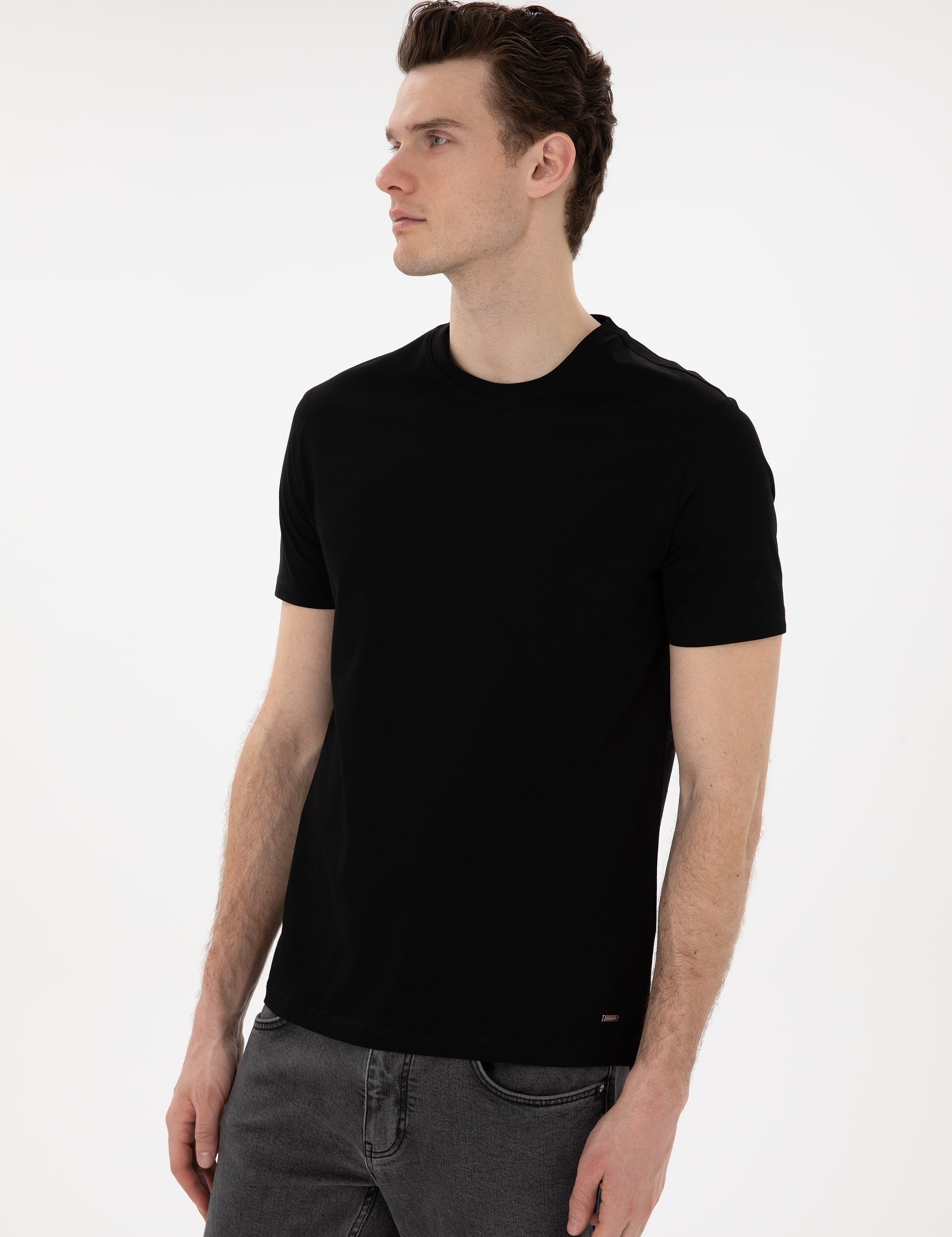 Siyah Slim Fit %100 Pamuk Merserize Basic Tişört - Image 3