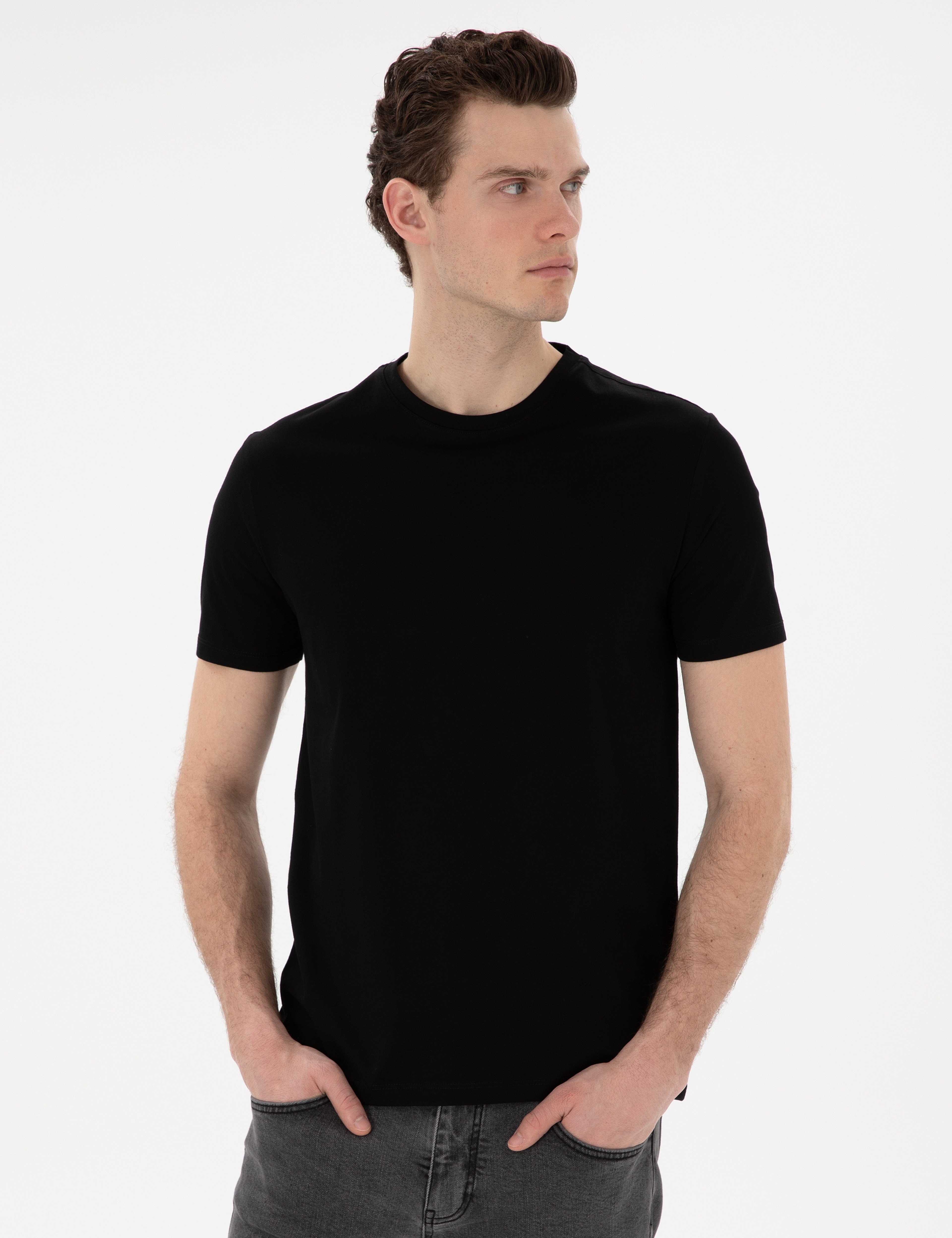 Siyah Slim Fit %100 Pamuk Merserize Basic Tişört - Image 1