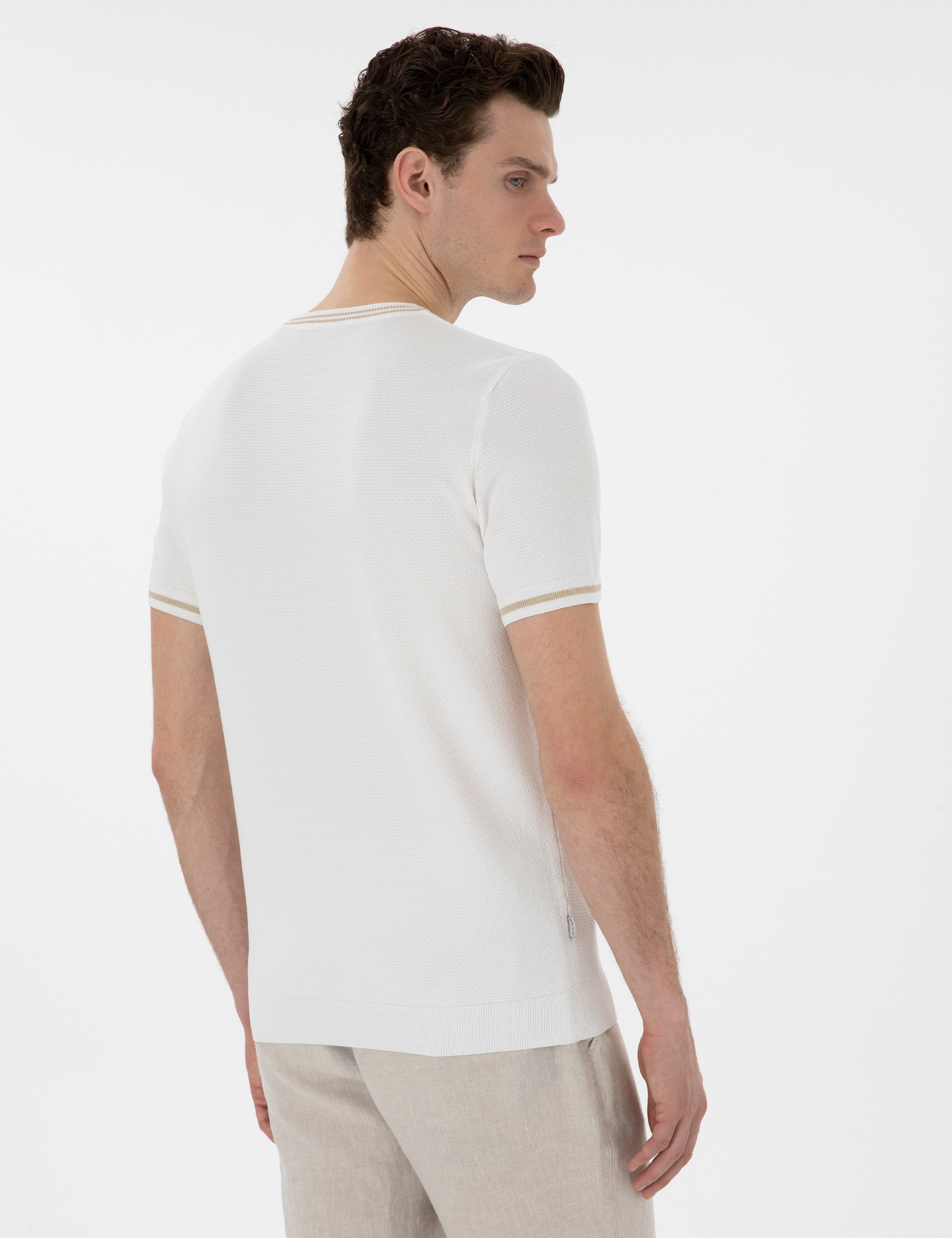 Ekru Slim Fit Bisiklet Yaka Triko Tişört - Image 5