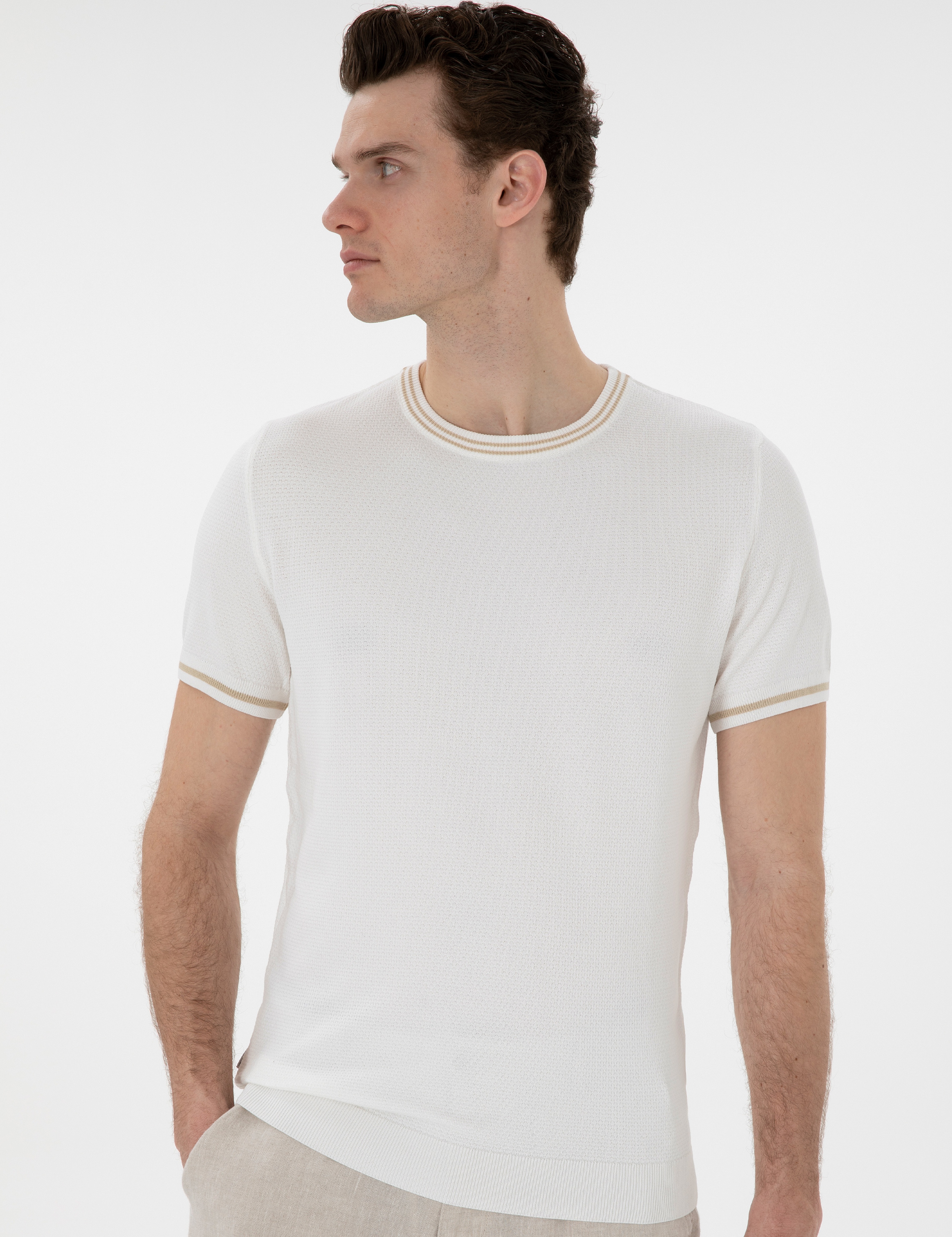 Ekru Slim Fit Bisiklet Yaka Triko Tişört - Image 3