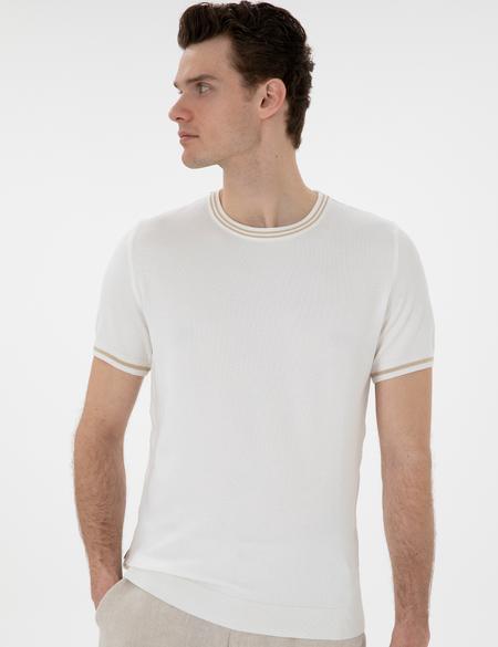 Ekru Slim Fit Bisiklet Yaka Triko Tişört - 50306045001