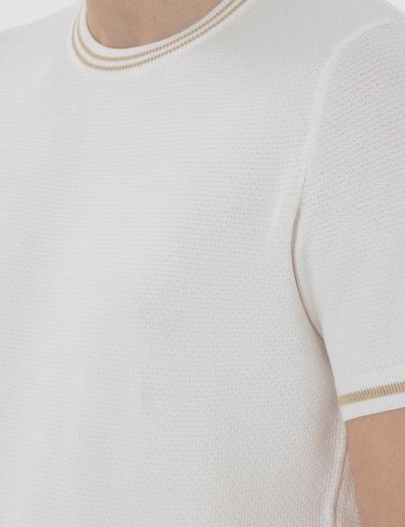 Ekru Slim Fit Bisiklet Yaka Triko Tişört - 50306045001