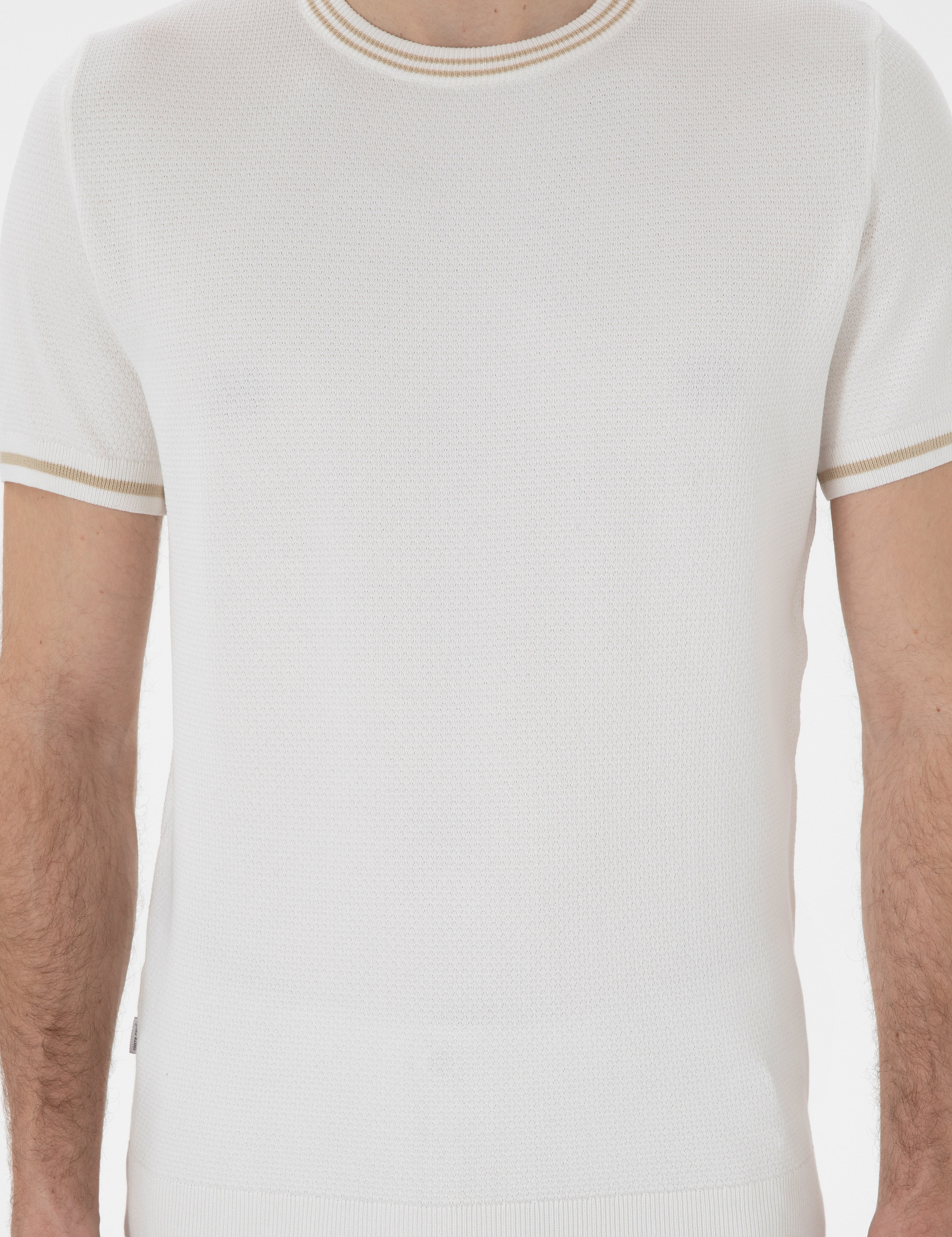 Ekru Slim Fit Bisiklet Yaka Triko Tişört - Image 6