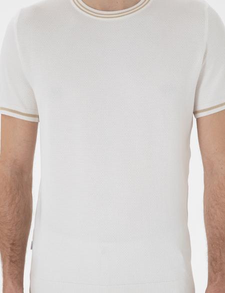 Ekru Slim Fit Bisiklet Yaka Triko Tişört - 50306045001