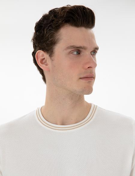 Ekru Slim Fit Bisiklet Yaka Triko Tişört - 50306045001