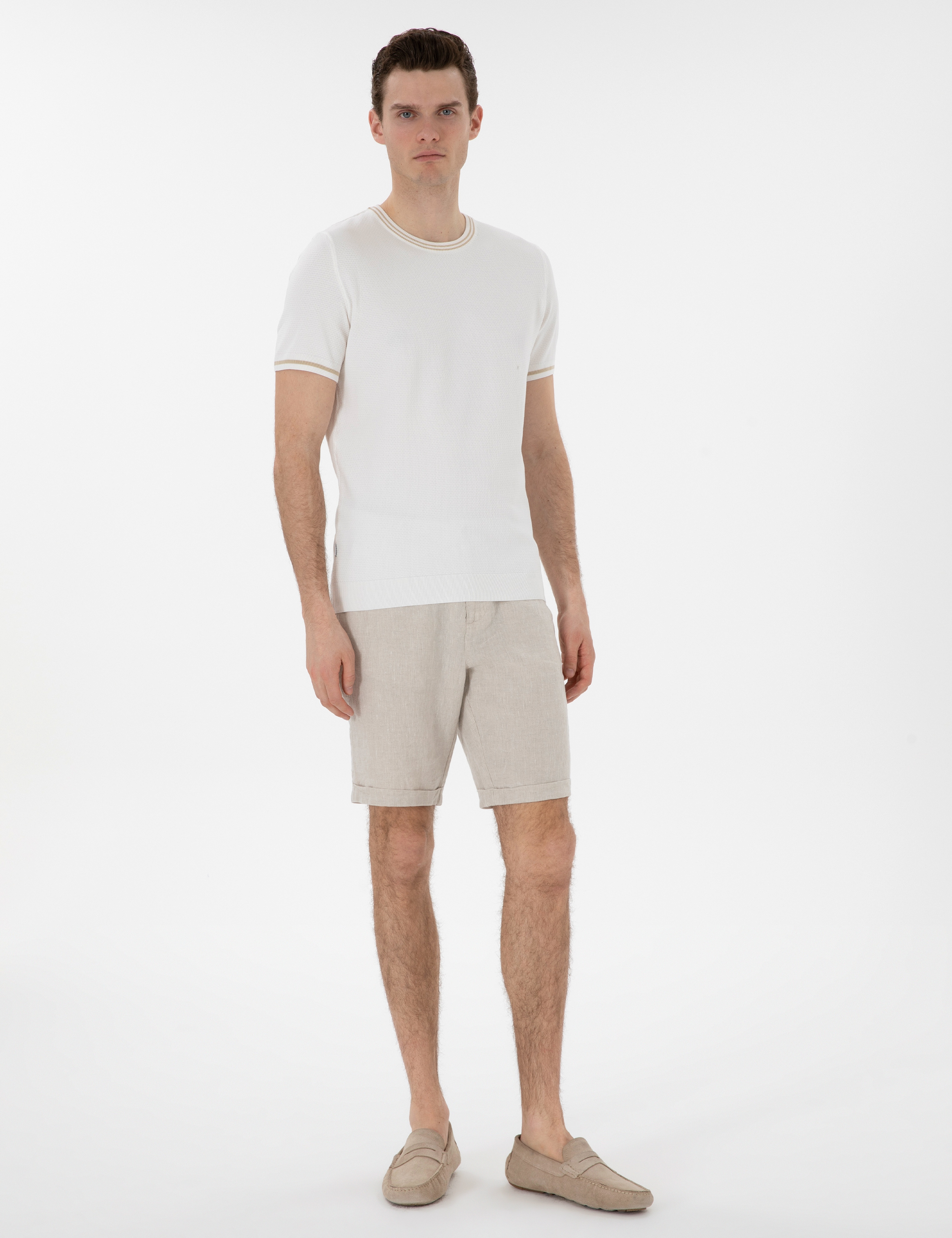 Ekru Slim Fit Bisiklet Yaka Triko Tişört - Image 4