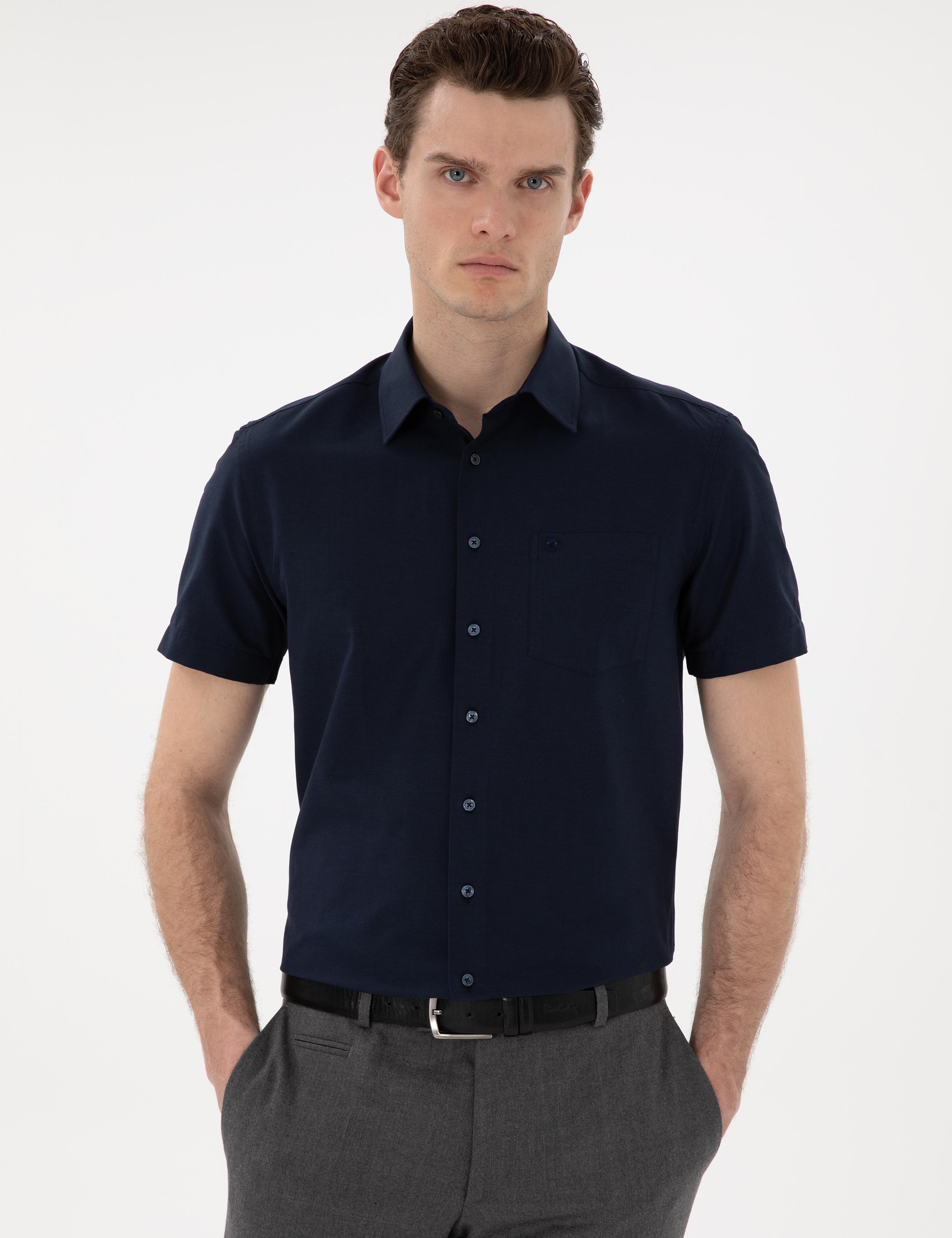 Lacivert Basic Regular Fit Kısa Kollu Cepli Gömlek