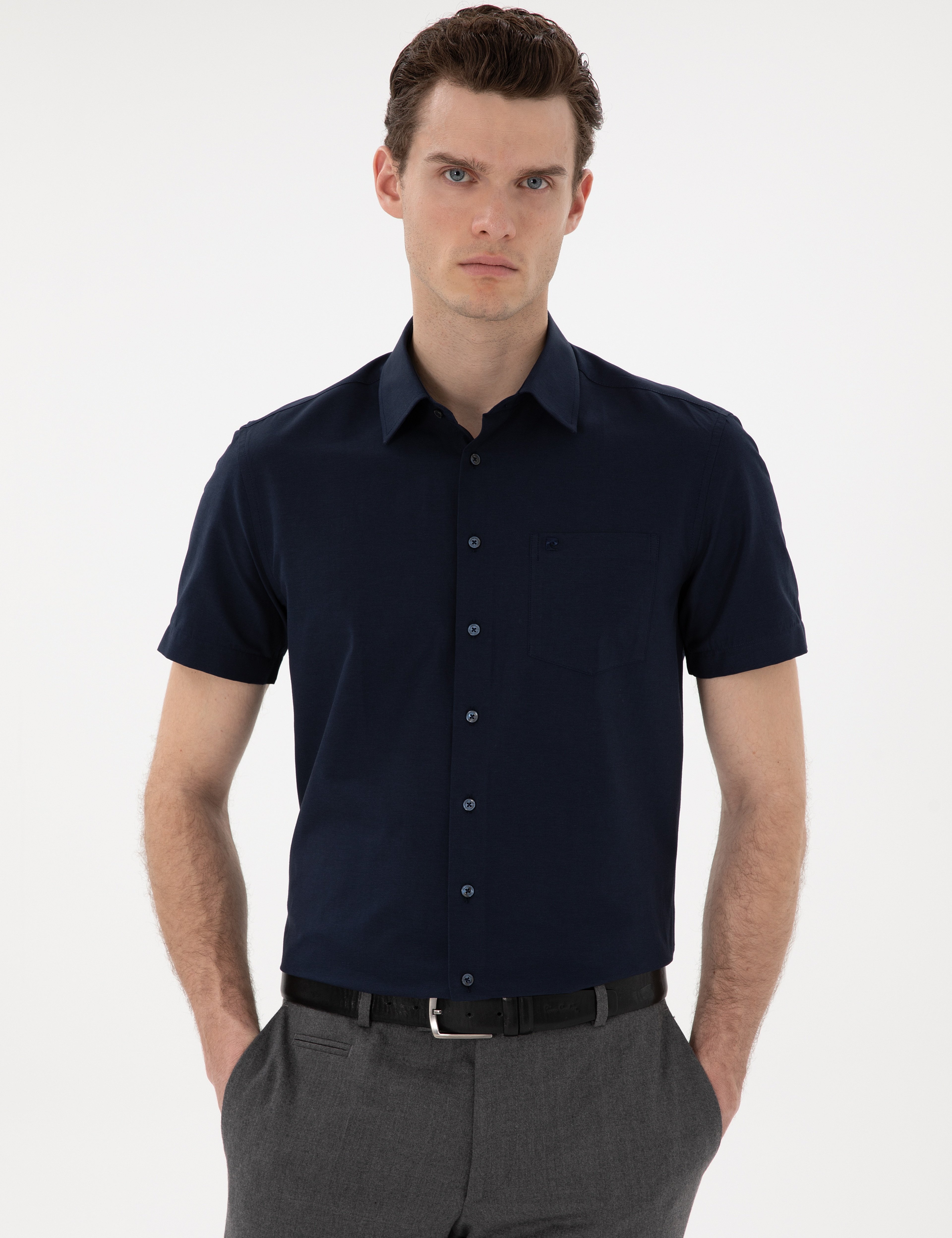 Lacivert Basic Regular Fit Kısa Kollu Cepli Gömlek - Image 3