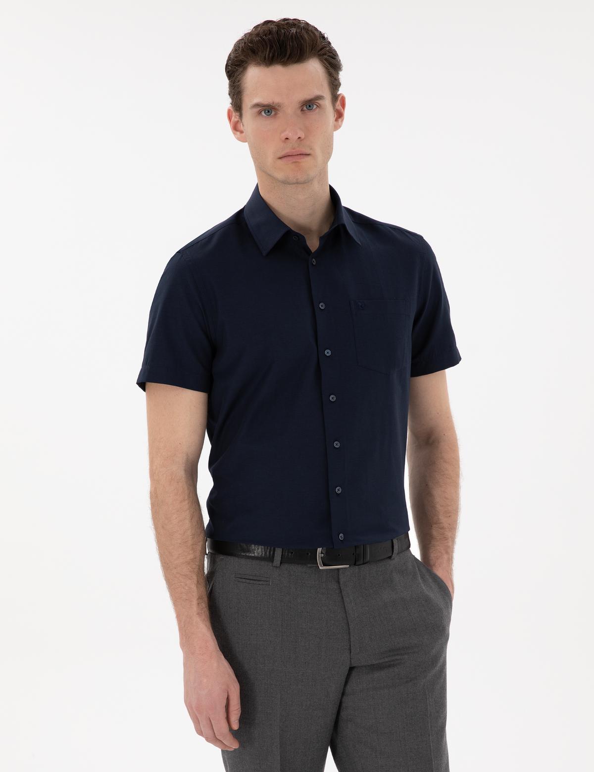 Lacivert Basic Regular Fit Kısa Kollu Cepli Gömlek