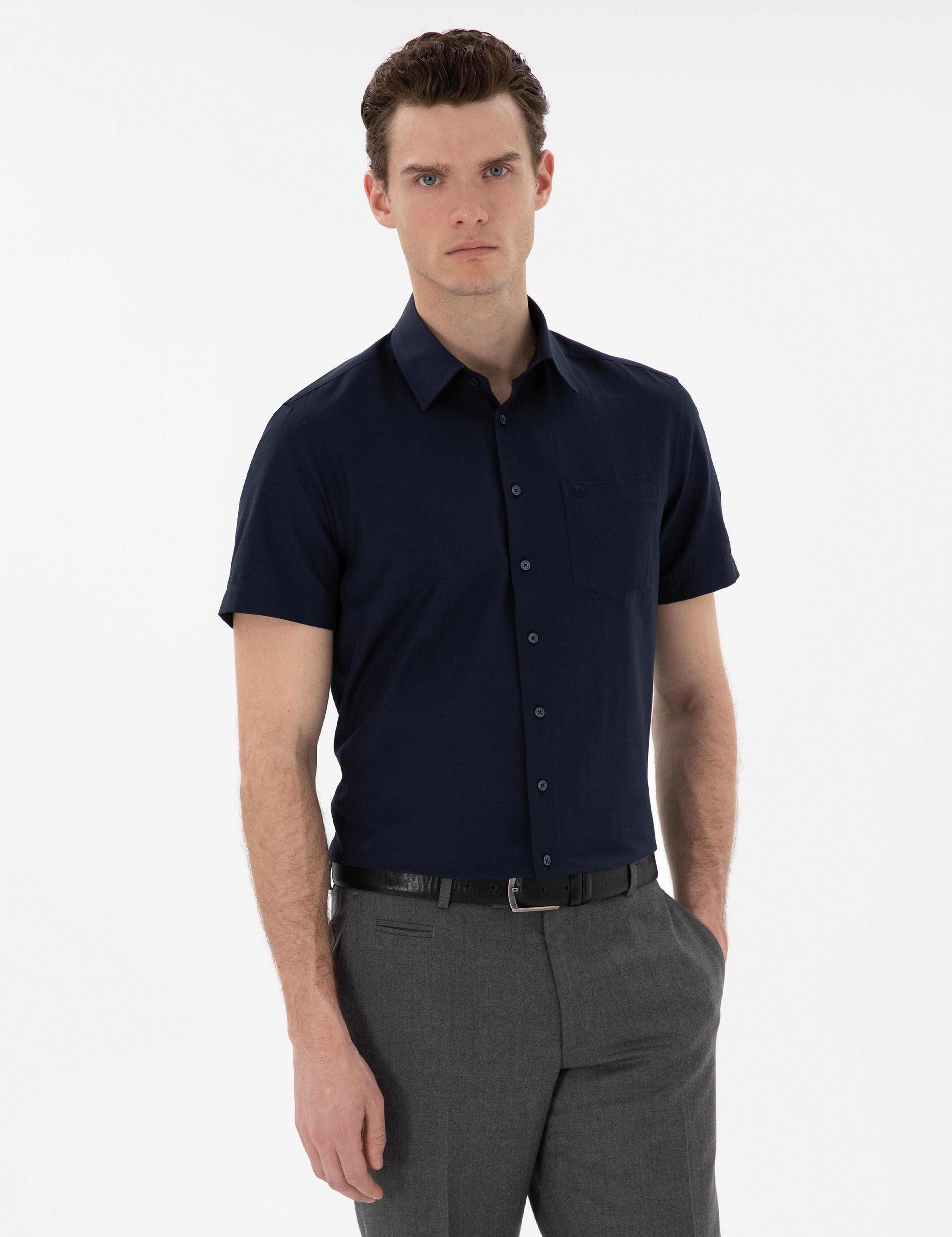 Lacivert Basic Regular Fit Kısa Kollu Cepli Gömlek