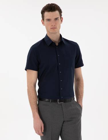Lacivert Basic Regular Fit Kısa Kollu Cepli Gömlek