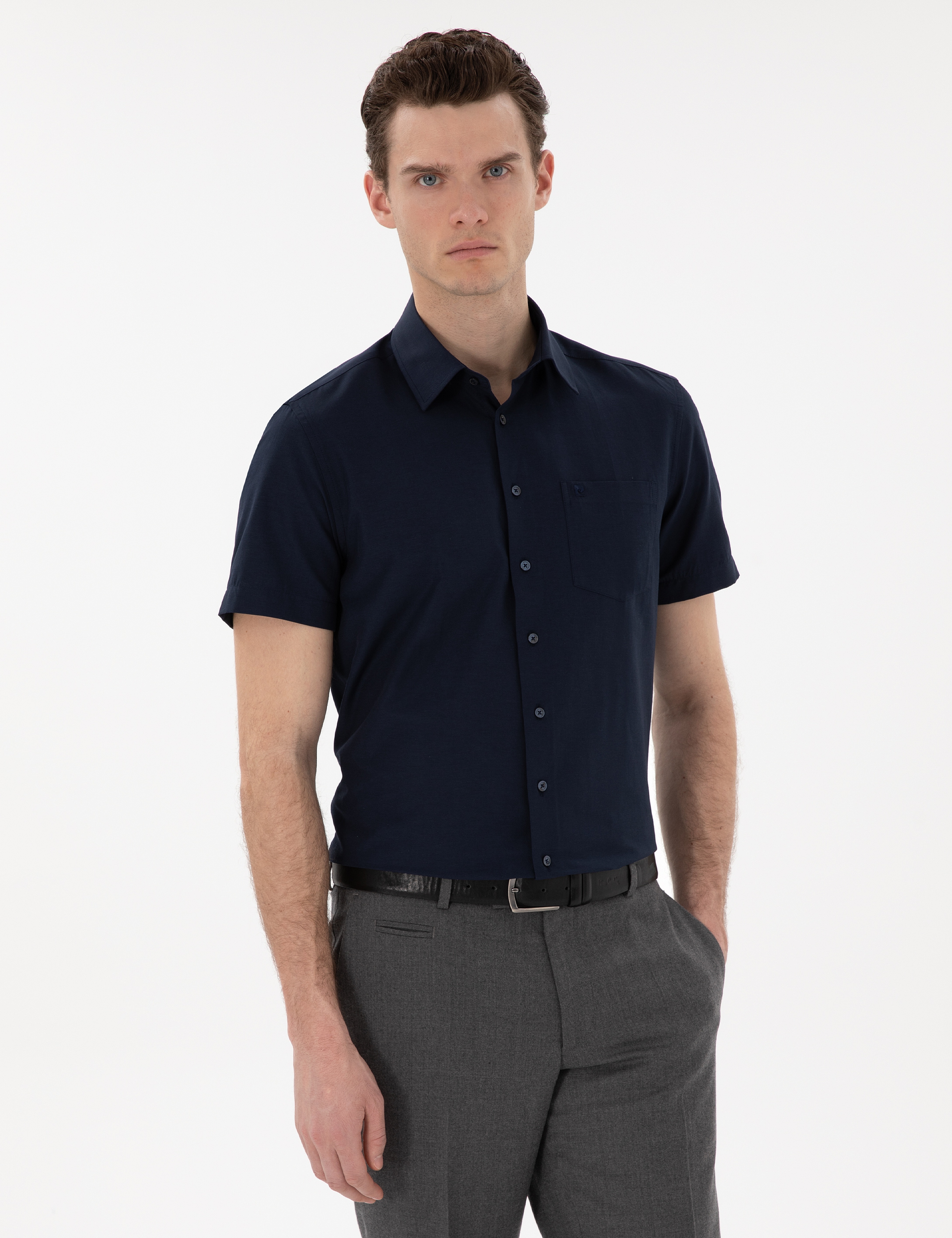 Lacivert Basic Regular Fit Kısa Kollu Cepli Gömlek - Image 1