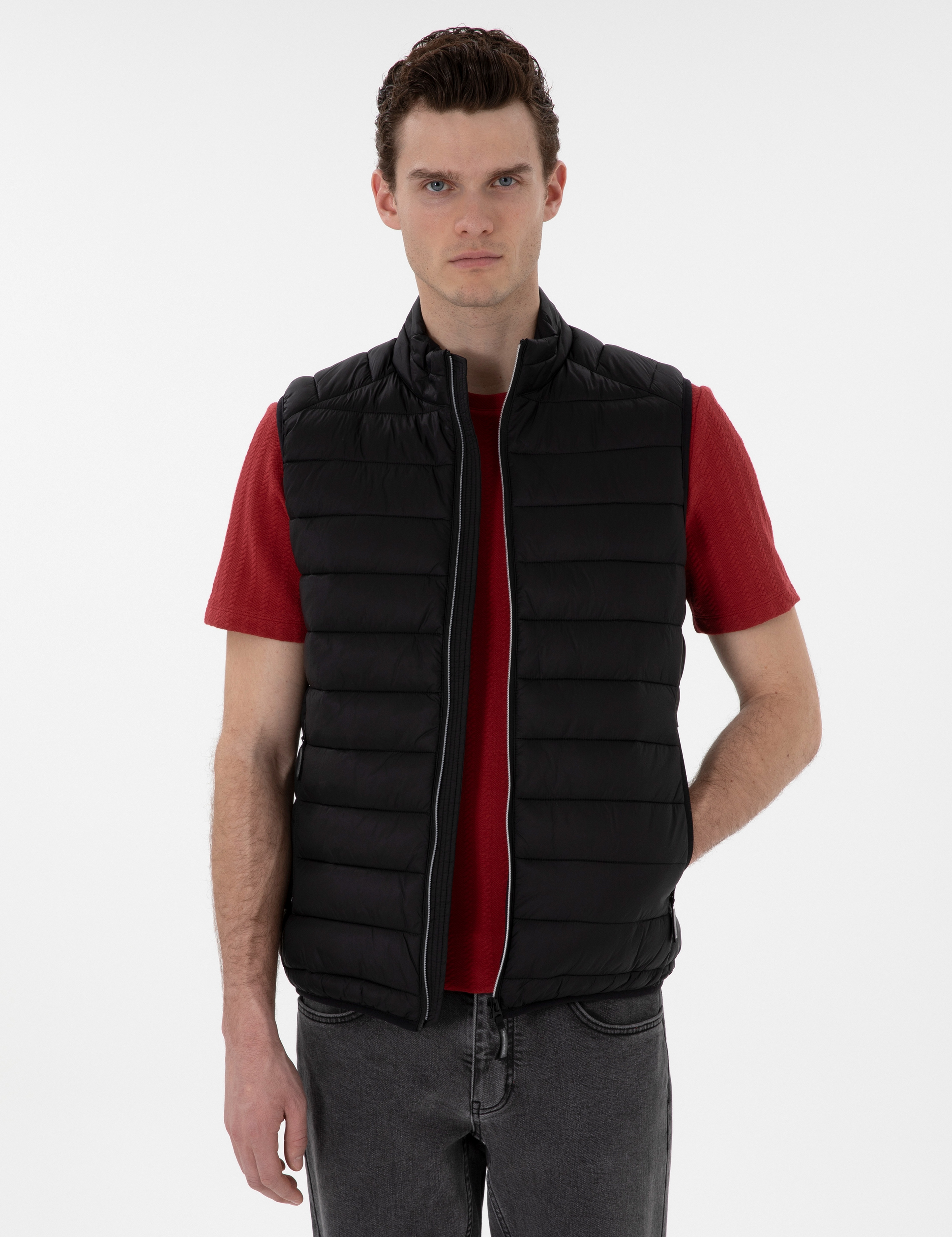 Siyah Cropped Slim Yelek - Image 1