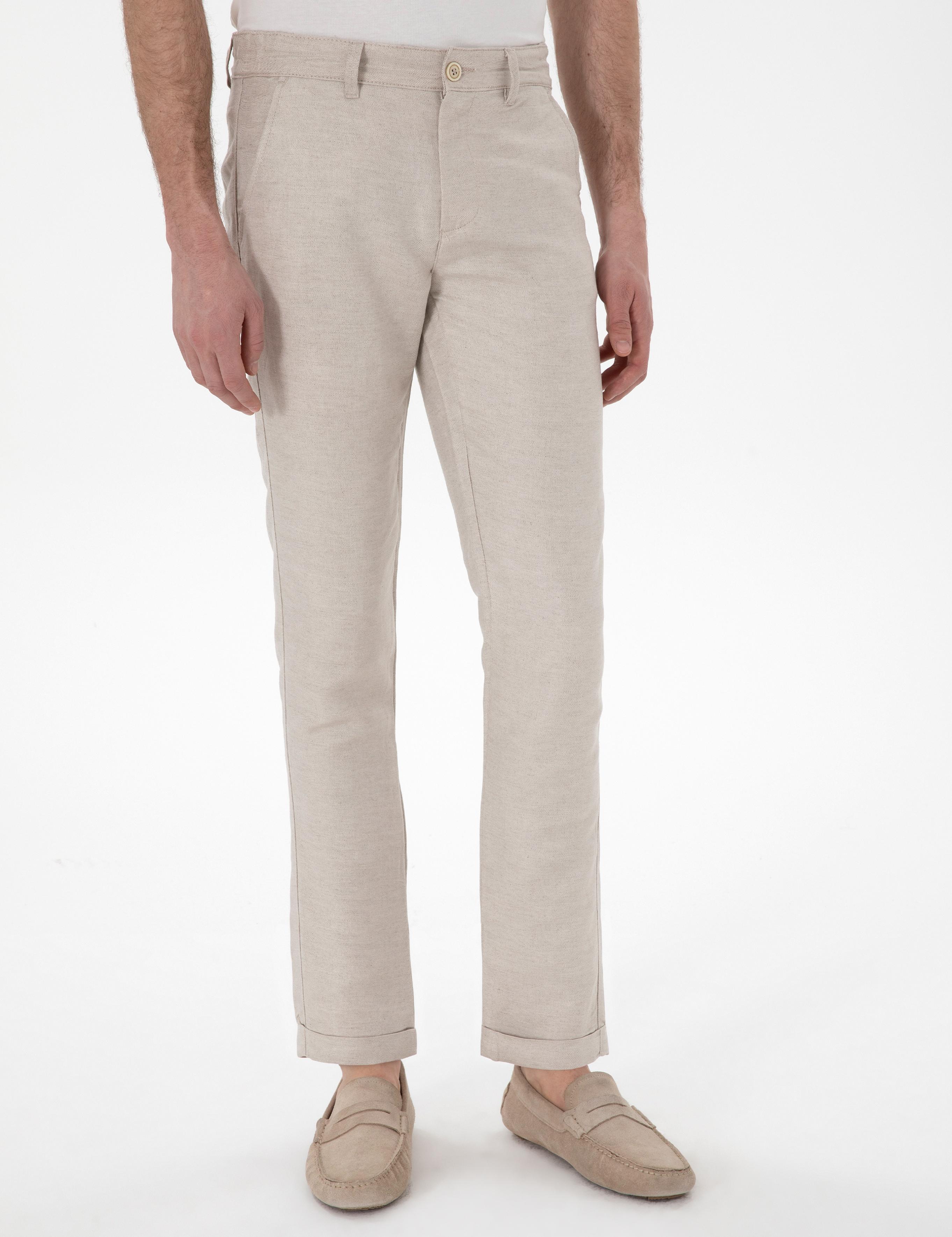 Bej Keten Karışımlı Slim Fit Kanvas Pantolon