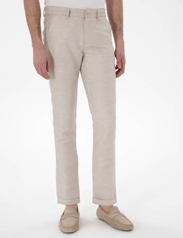Bej Keten Karışımlı Slim Fit Kanvas Pantolon