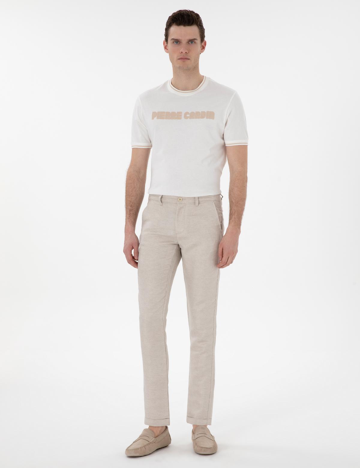 Bej Keten Karışımlı Slim Fit Kanvas Pantolon