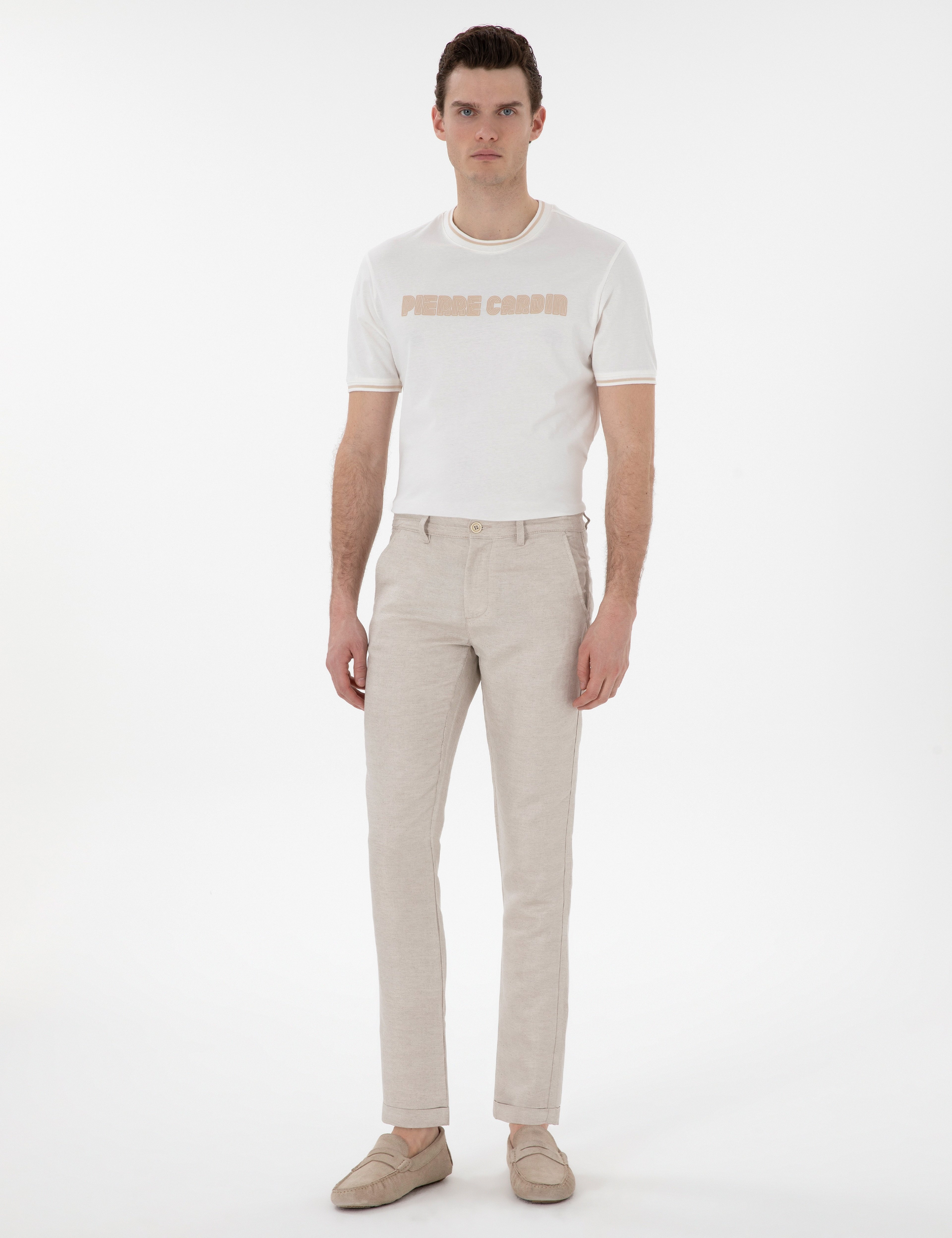 Bej Keten Karışımlı Slim Fit Kanvas Pantolon
