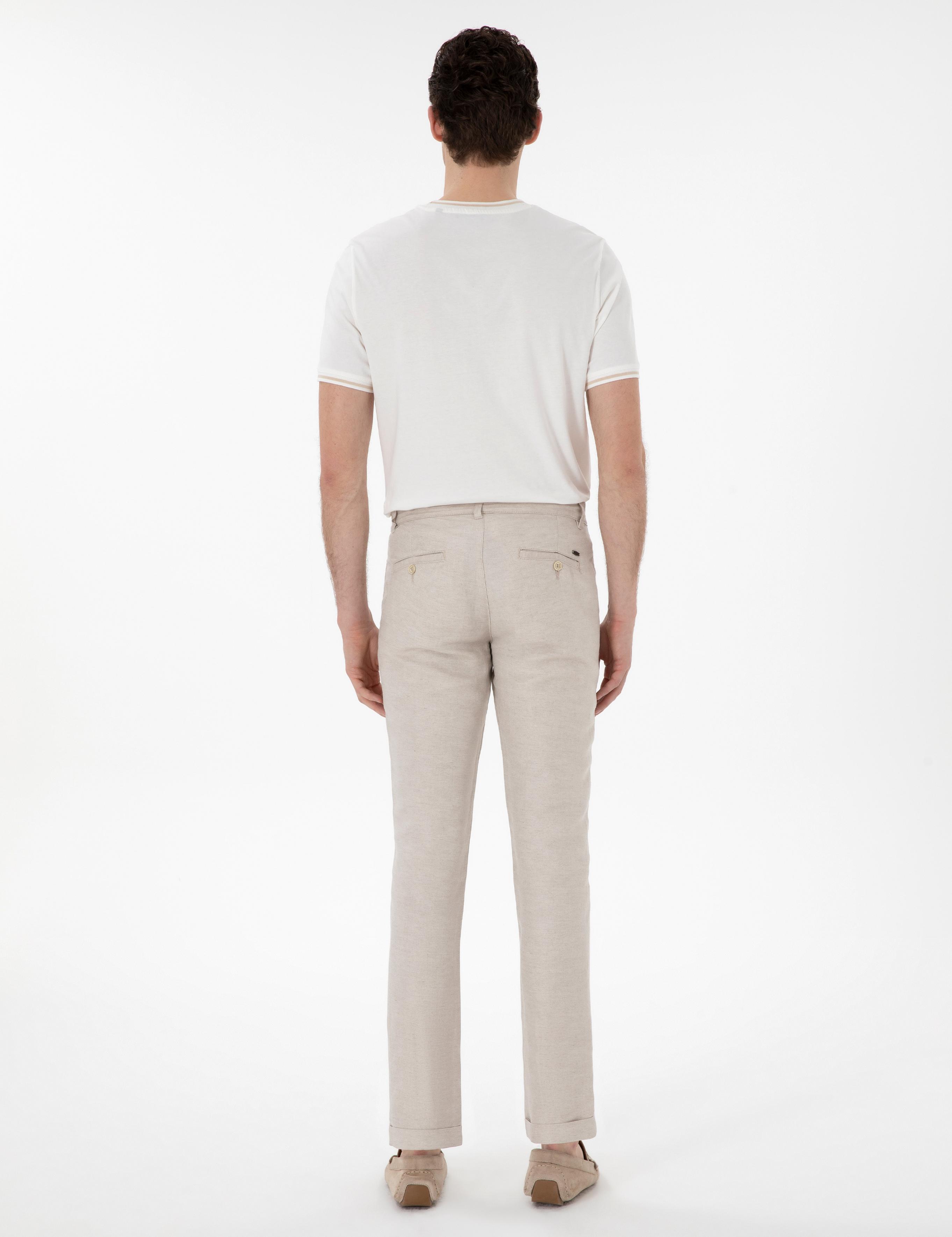 Bej Keten Karışımlı Slim Fit Kanvas Pantolon