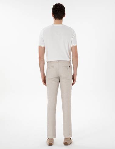 Bej Keten Karışımlı Slim Fit Kanvas Pantolon